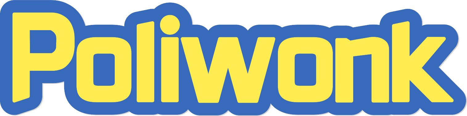 Logo with the word 'Poliwonk' in yellow letters outlined in blue.