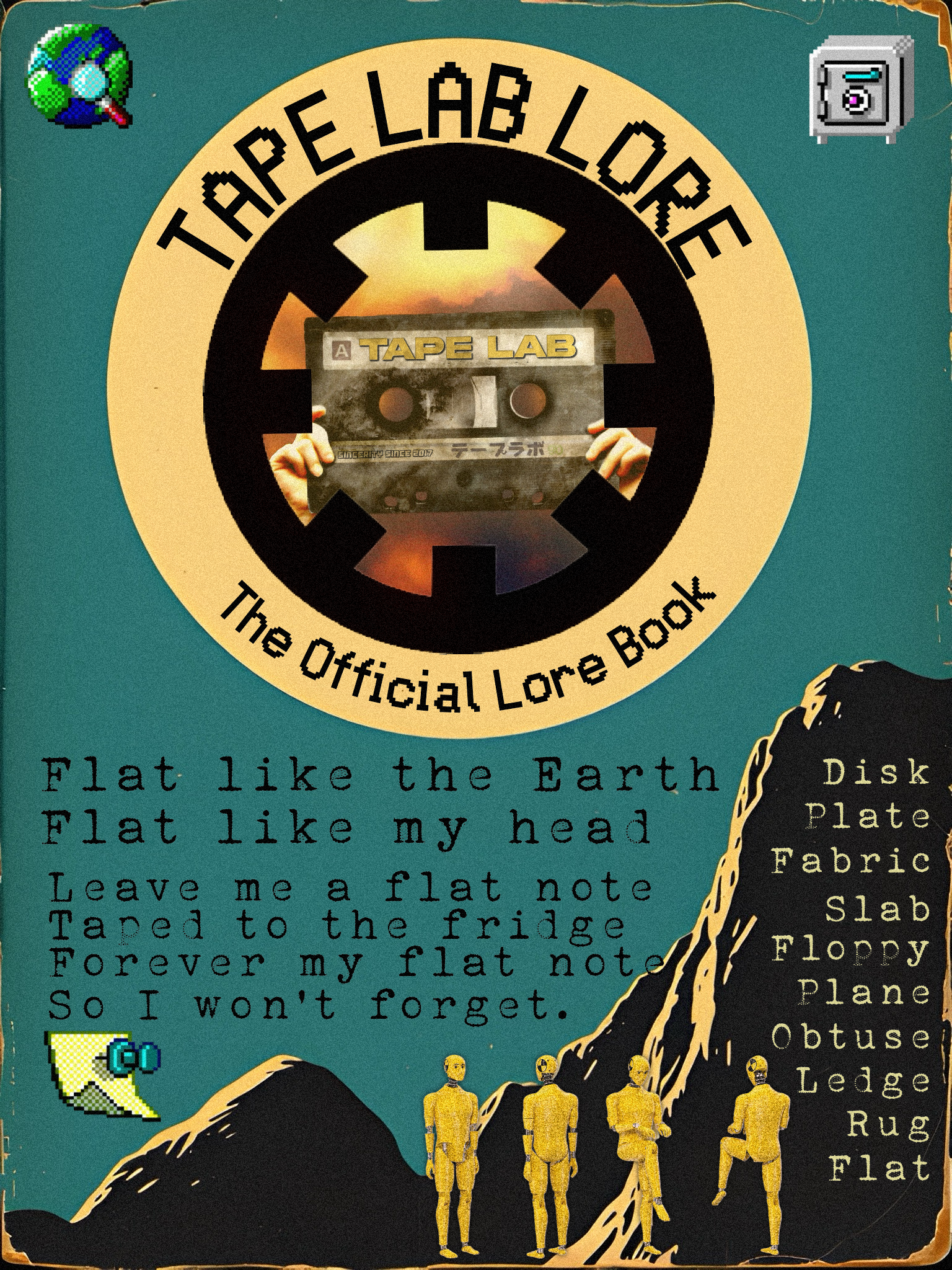 "Tape Lab Lore" book cover with a cassette tape and stylized art featuring text and vintage graphics.