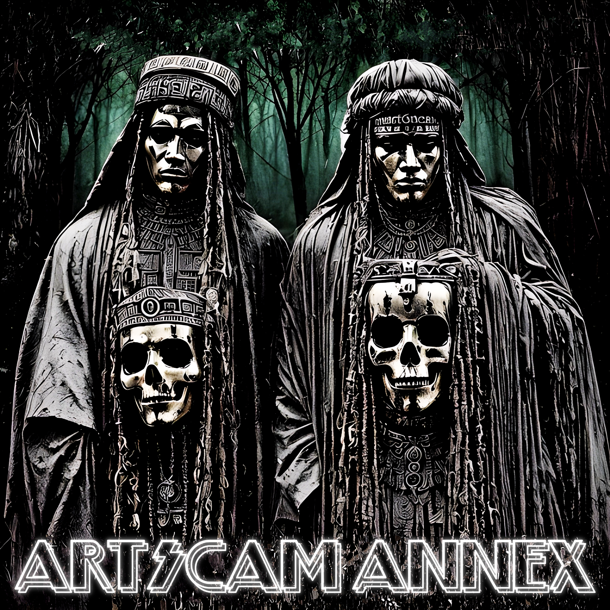 Two figures wearing masks adorned with skull motifs, dressed in elaborate robes and headdresses, standing in a dark forest with "ART SCAM ANNEX" text at the bottom.