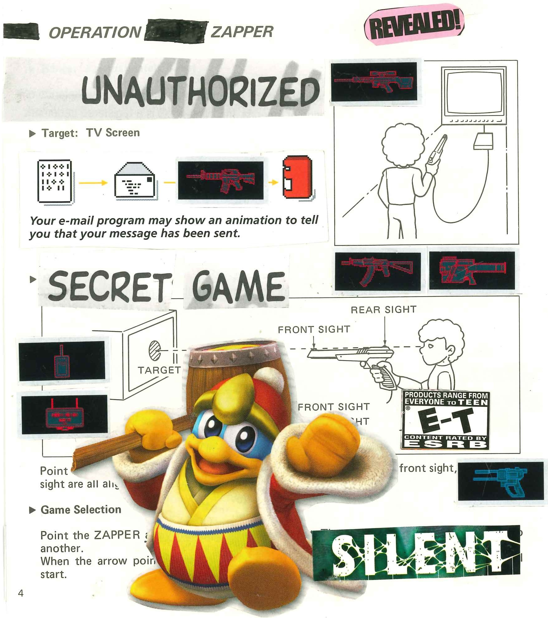 Collage featuring King Dedede from Nintendo, text about a secret game with a TV screen and gun illustration, animated gun and email icons, rating by ESRB, and the words "unauthorized" and "silent."