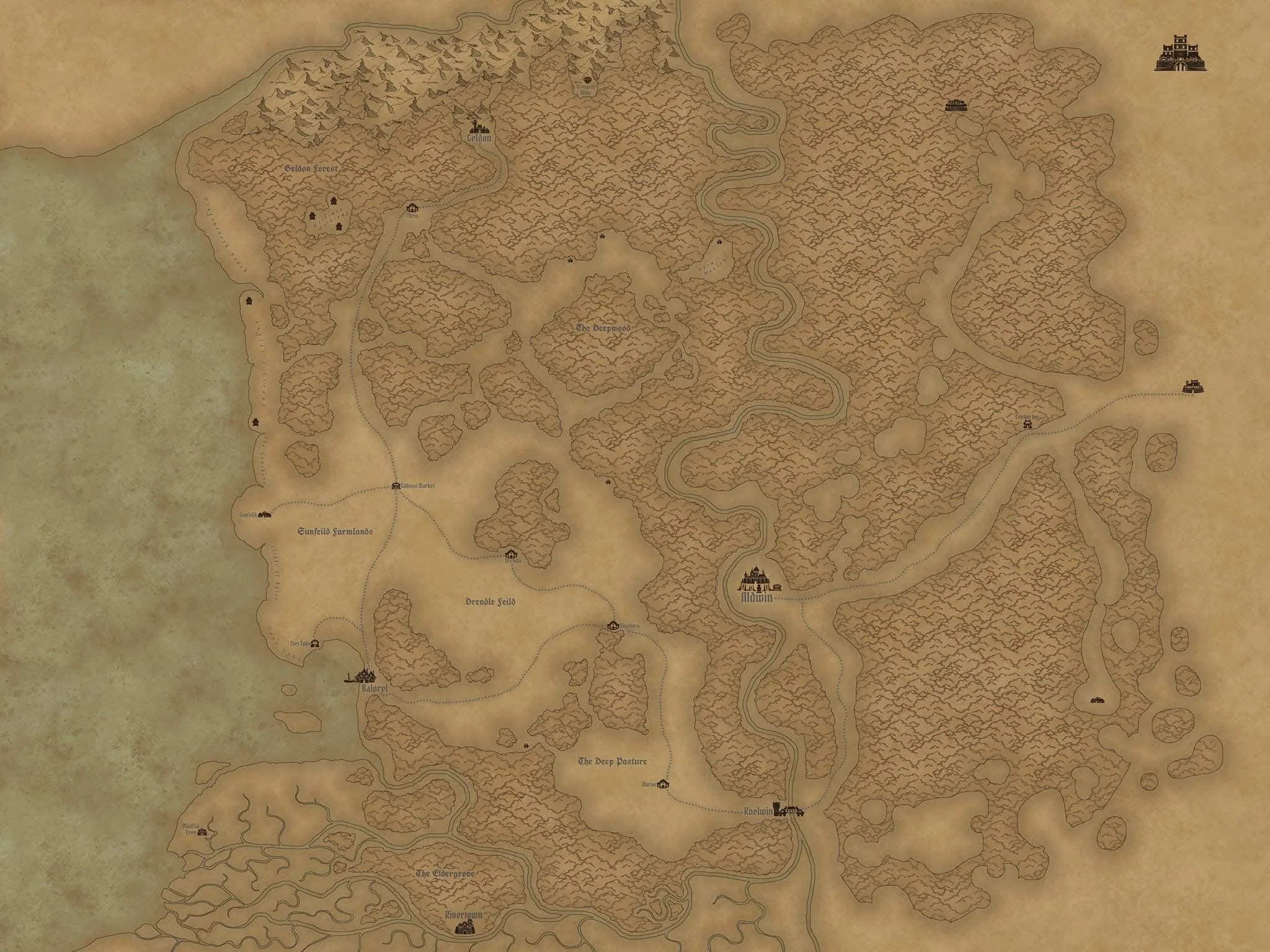 Ariel map view, brown, Aldwin Fantasy Map