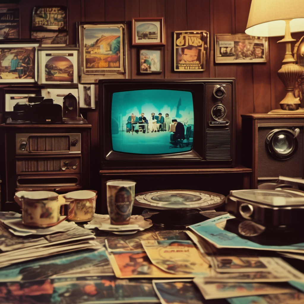 Retro living room with vintage TV displaying a show, surrounded by various memorabilia, old magazines, teacups, and framed pictures on the wood-paneled walls.