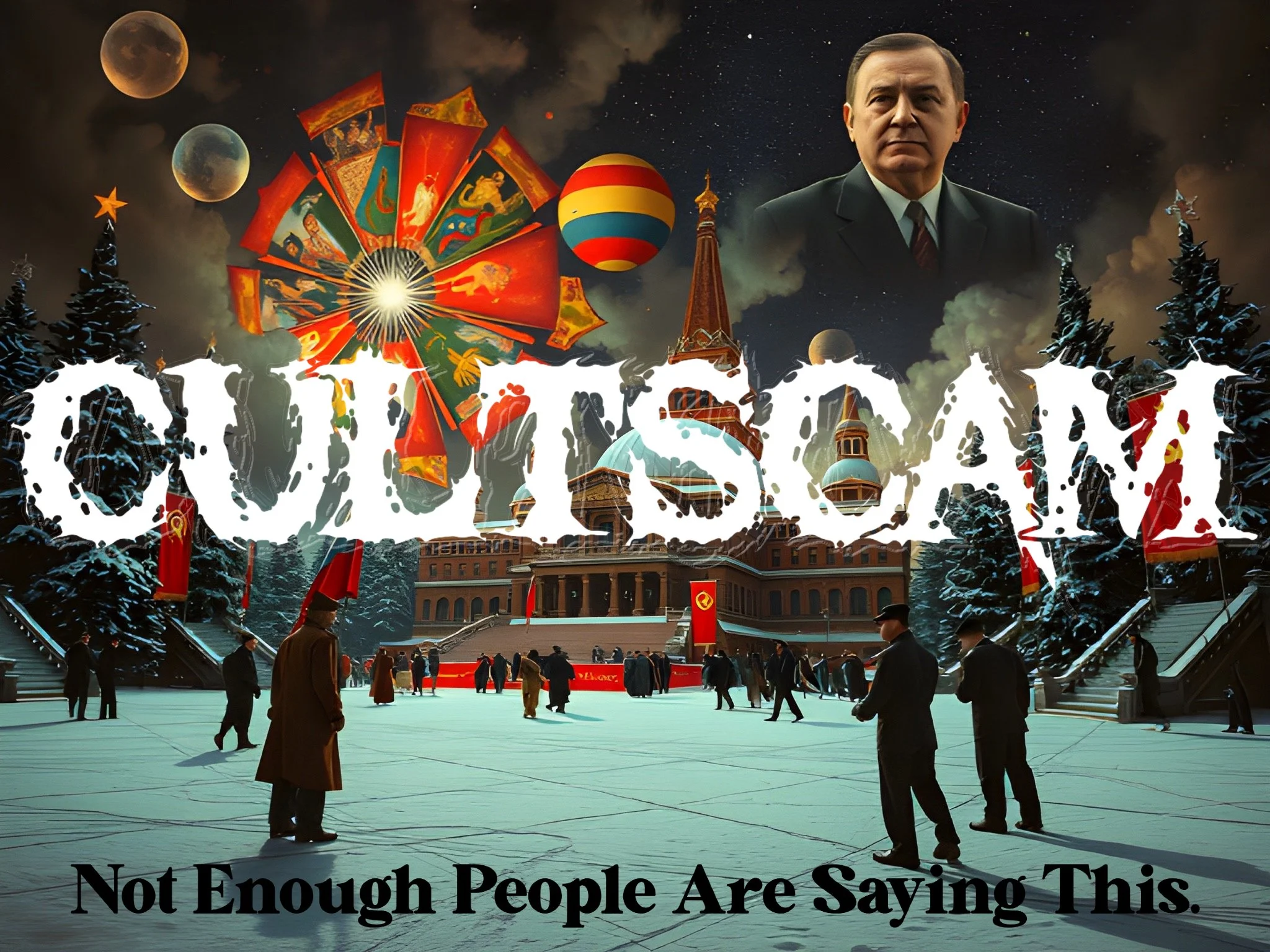 Collage art featuring a man in a suit, with a historical building and snow-covered square. "CULTSCAM" is prominently written across the scene, with the subtitle "Not Enough People Are Saying This." Colorful symbols and celestial imagery appear in the
