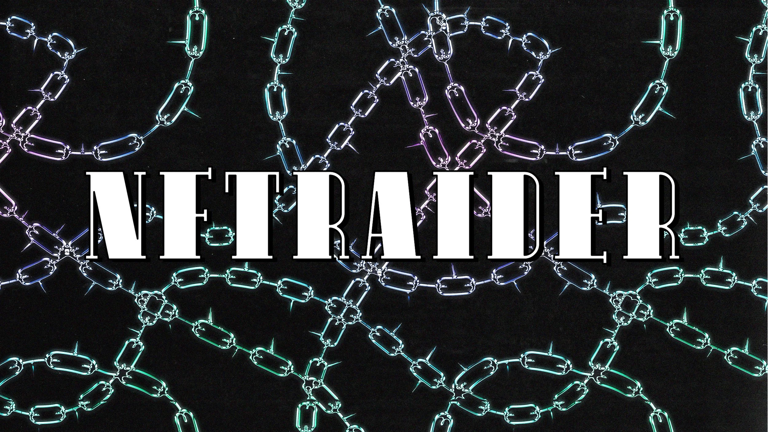 The word "NFTRAIDER" in bold white letters on a black background with neon chain designs.