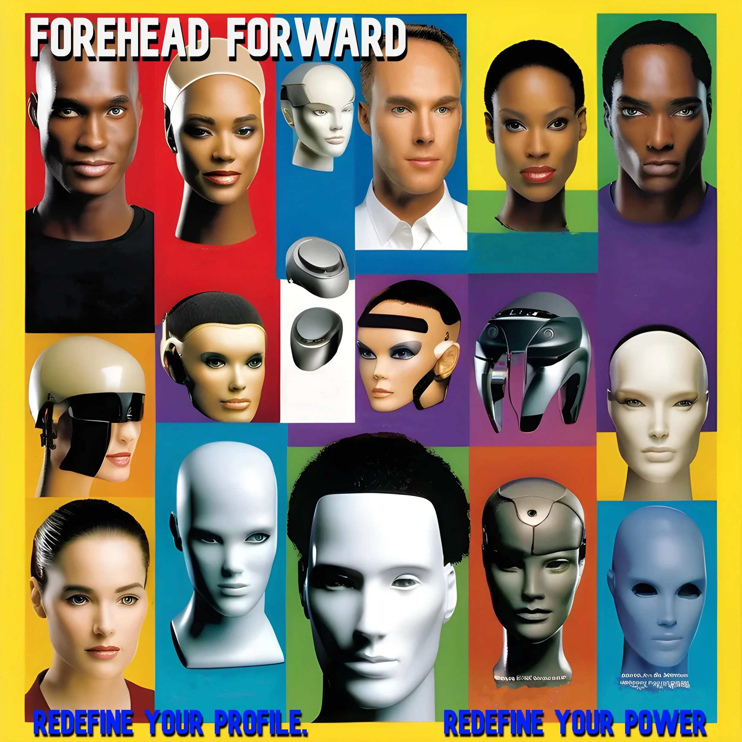 Collage of mannequin and robot heads with varied futuristic designs, colorful background, text "Forehead Forward" and "Redefine Your Profile. Redefine Your Power."