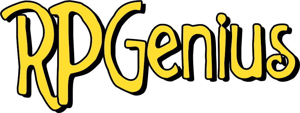 "RPGenius" logo in yellow text with a stylized font on a black background.