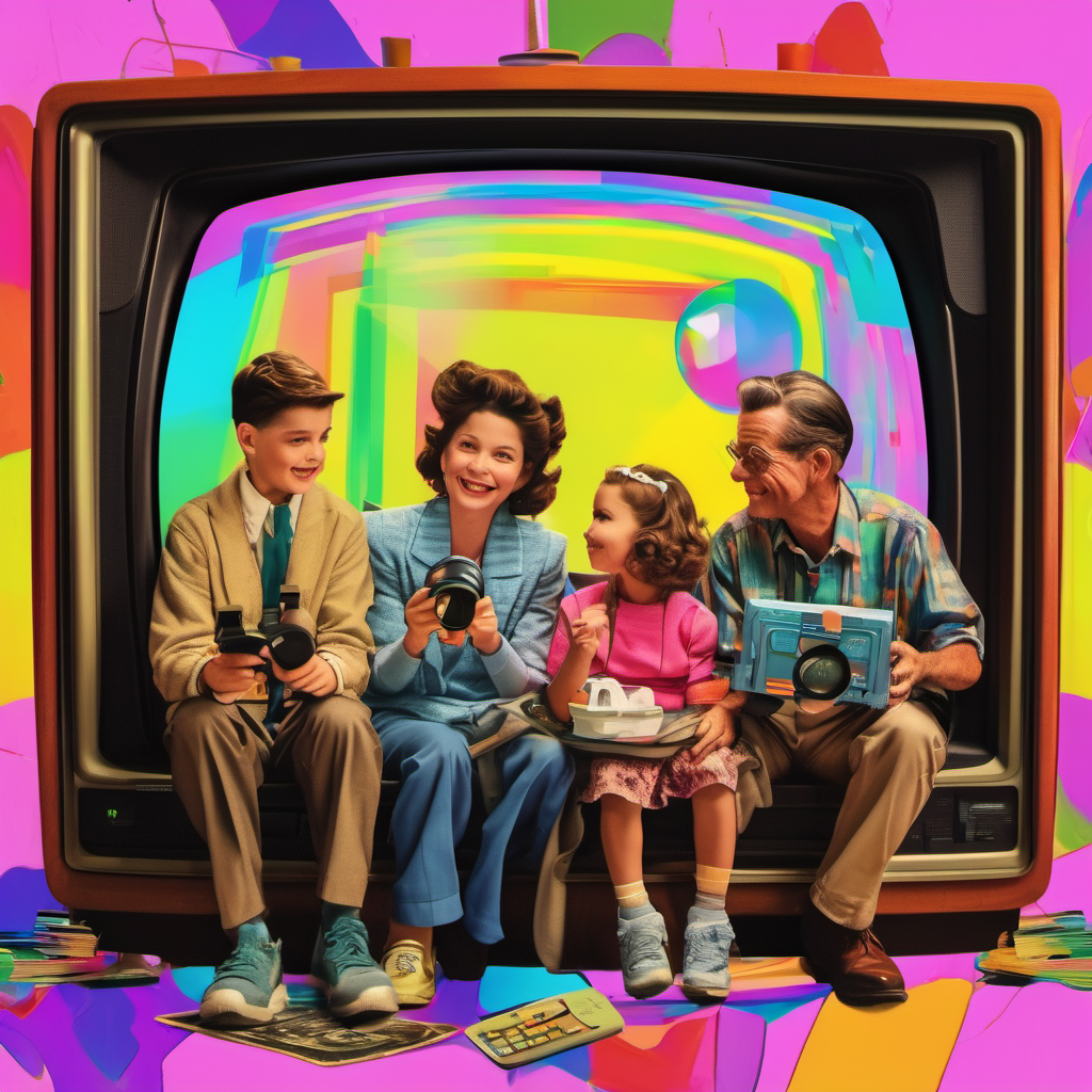 A vintage-style illustration of a family sitting inside a large retro television set, with colorful abstract backgrounds. The family includes a smiling older man, a woman, a young boy, and a girl holding various electronic gadgets. The image has a no
