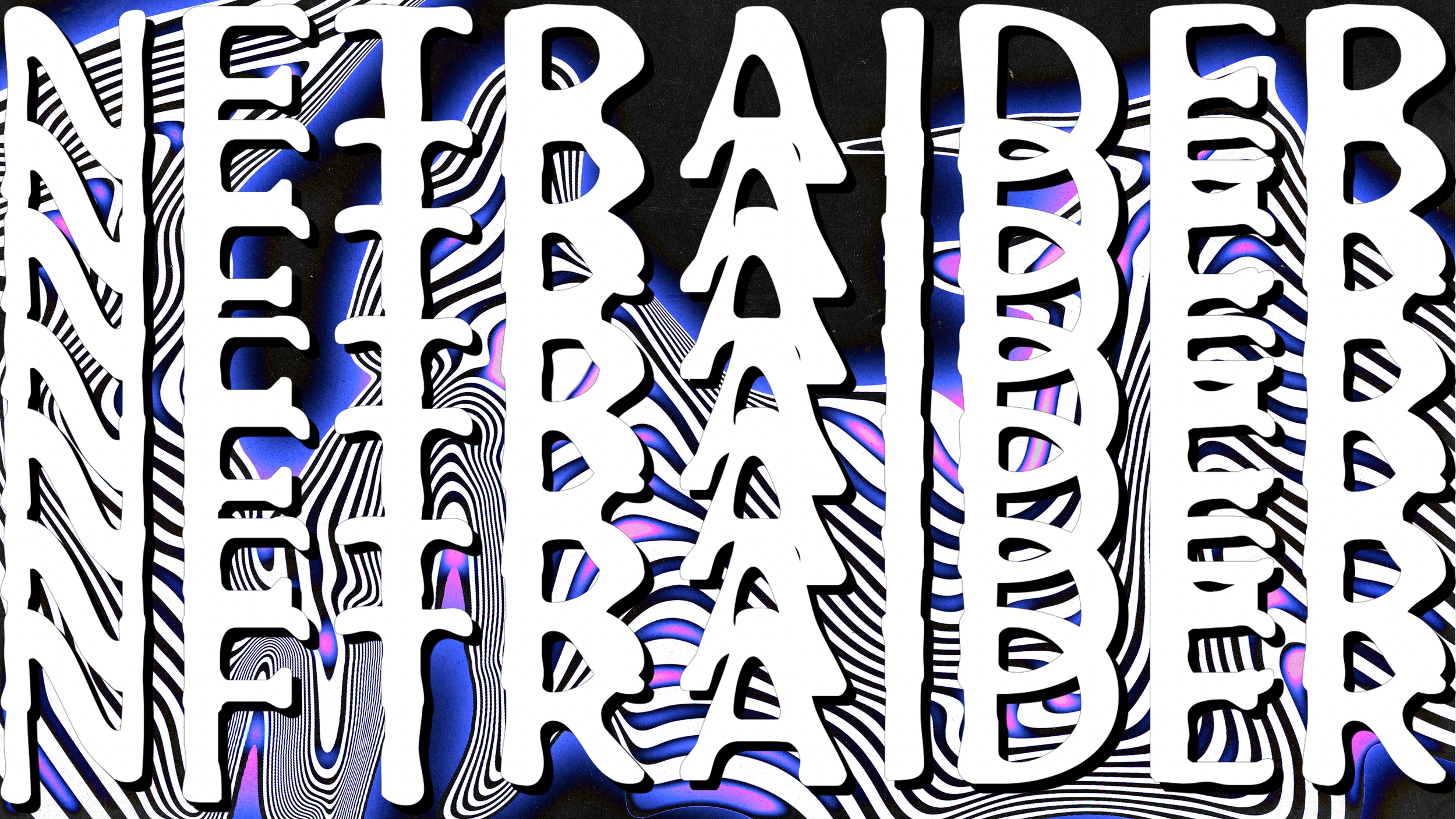 Abstract art with distorted text "NFTRAIDER" and wavy black-and-white lines on a blue and purple background.