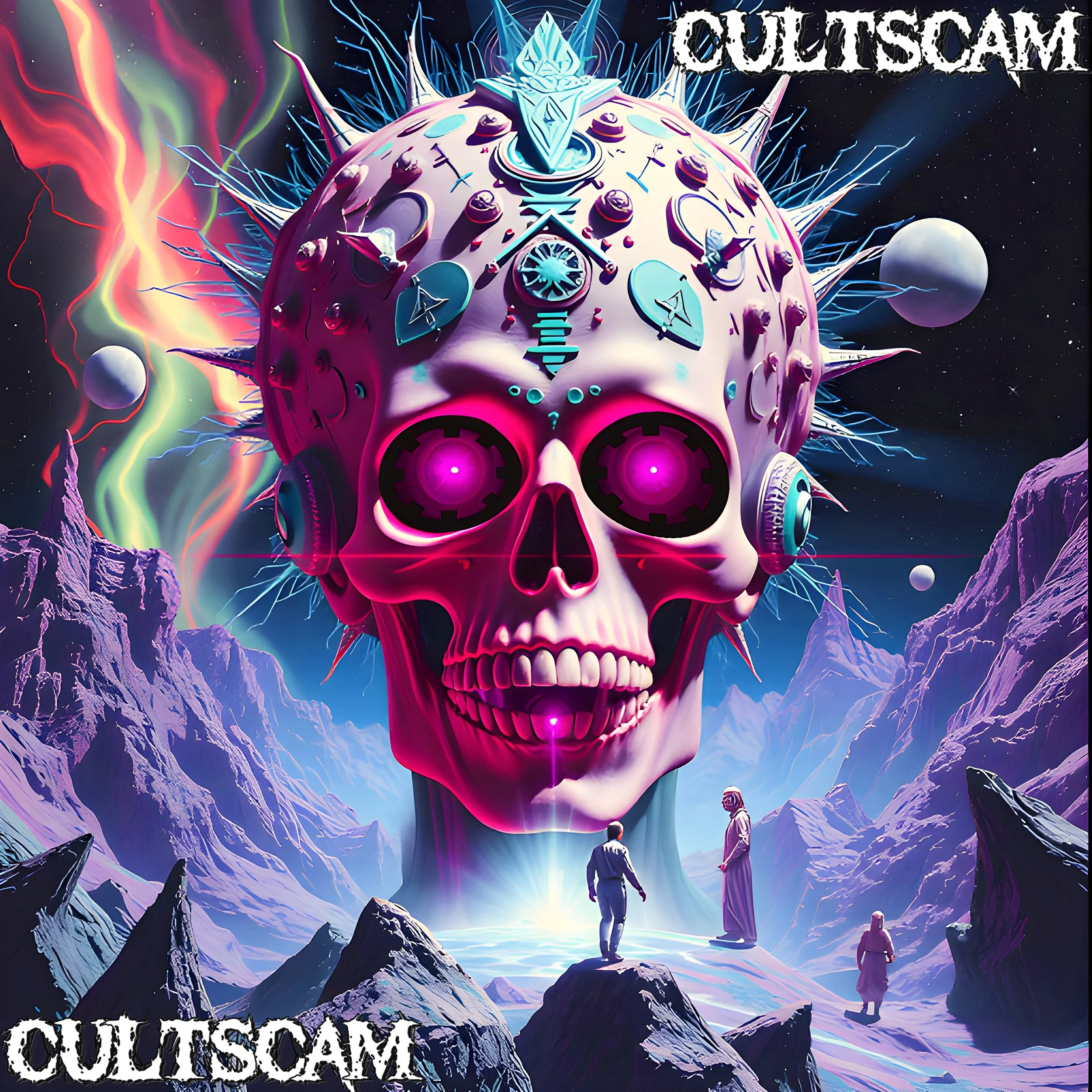 Futuristic landscape with a glowing, large pink skull adorned with symbols and spikes, floating above rocky terrain. Figures in robes stand below, with colorful space-like sky in the background. Text 'CULTSCAM' appears in top corners.