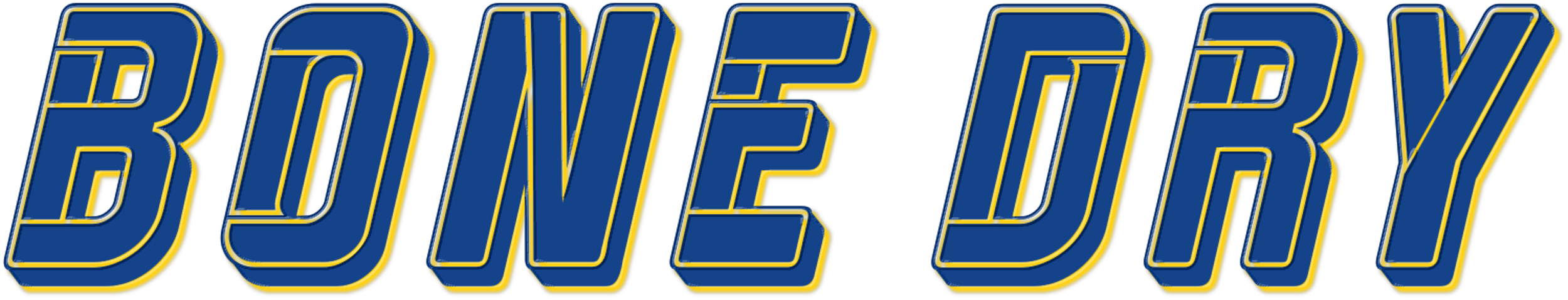 The phrase 'BONE DRY' in bold, blue and yellow 3D-style lettering on a transparent background.