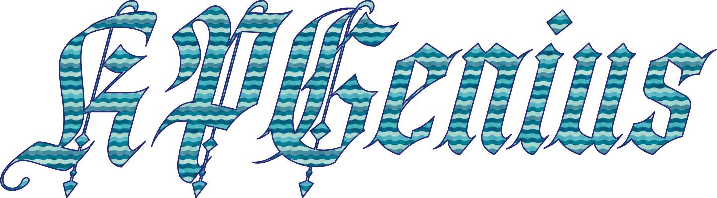 "Genius" written in stylized, wavy blue medieval script.