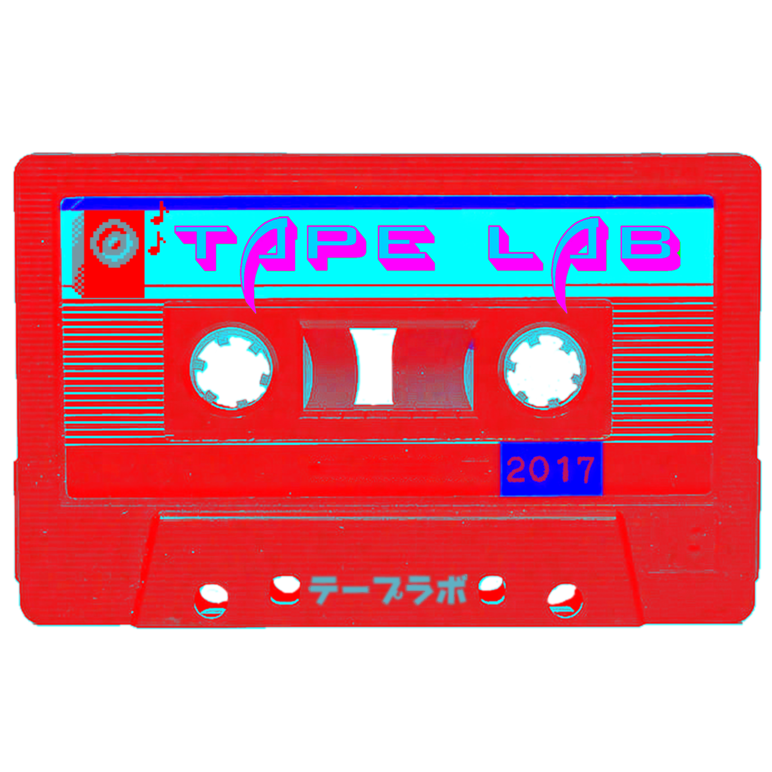 Red retro cassette tape labeled 'Tape Lab 2017' with Japanese characters and a musical note symbol.