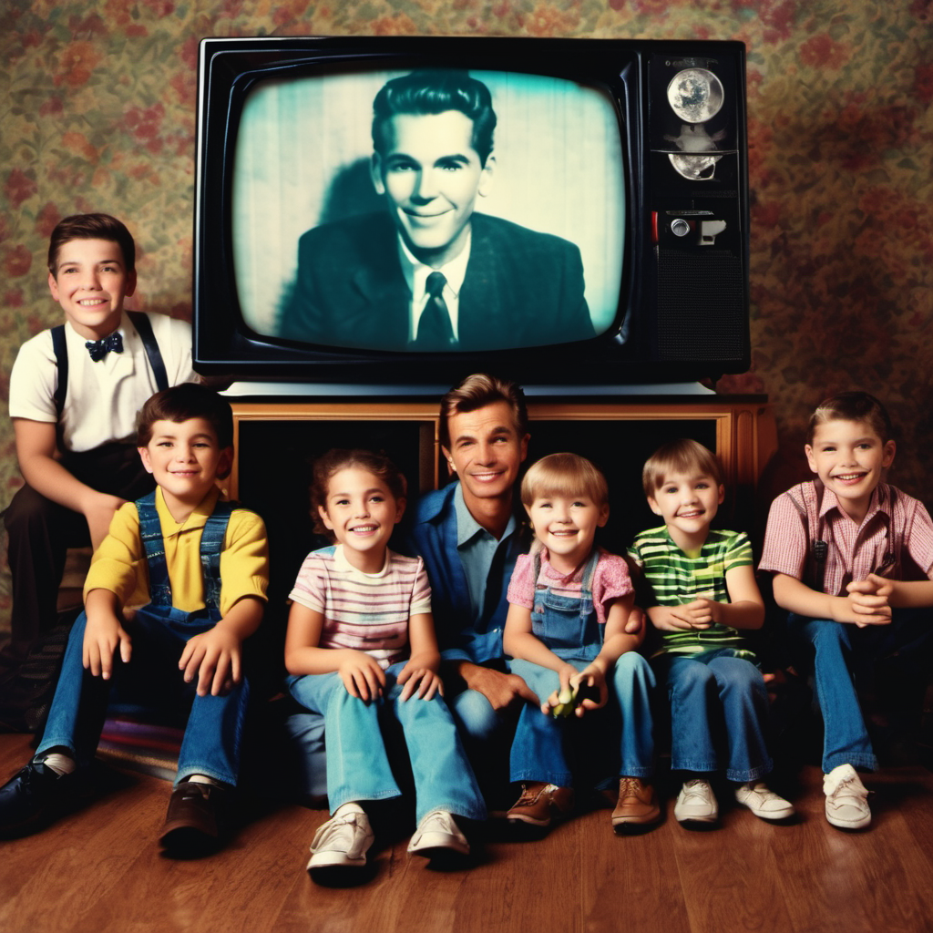 A family with six children sitting in front of a vintage television showing a black and white image of a man in a suit. The children are wearing casual clothes, and the room has a floral wallpaper.