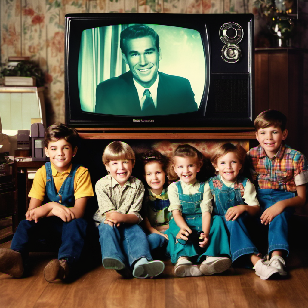 A vintage scene featuring six children sitting on the floor in front of an old-fashioned television. The TV displays a black-and-white image of a smiling man in a suit. The children are dressed in retro clothing, sitting closely together and smiling.