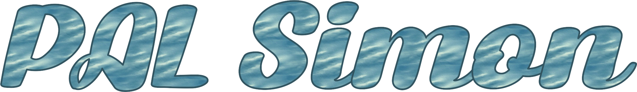 "PQL Simon" text with a cloudy sky pattern fill.