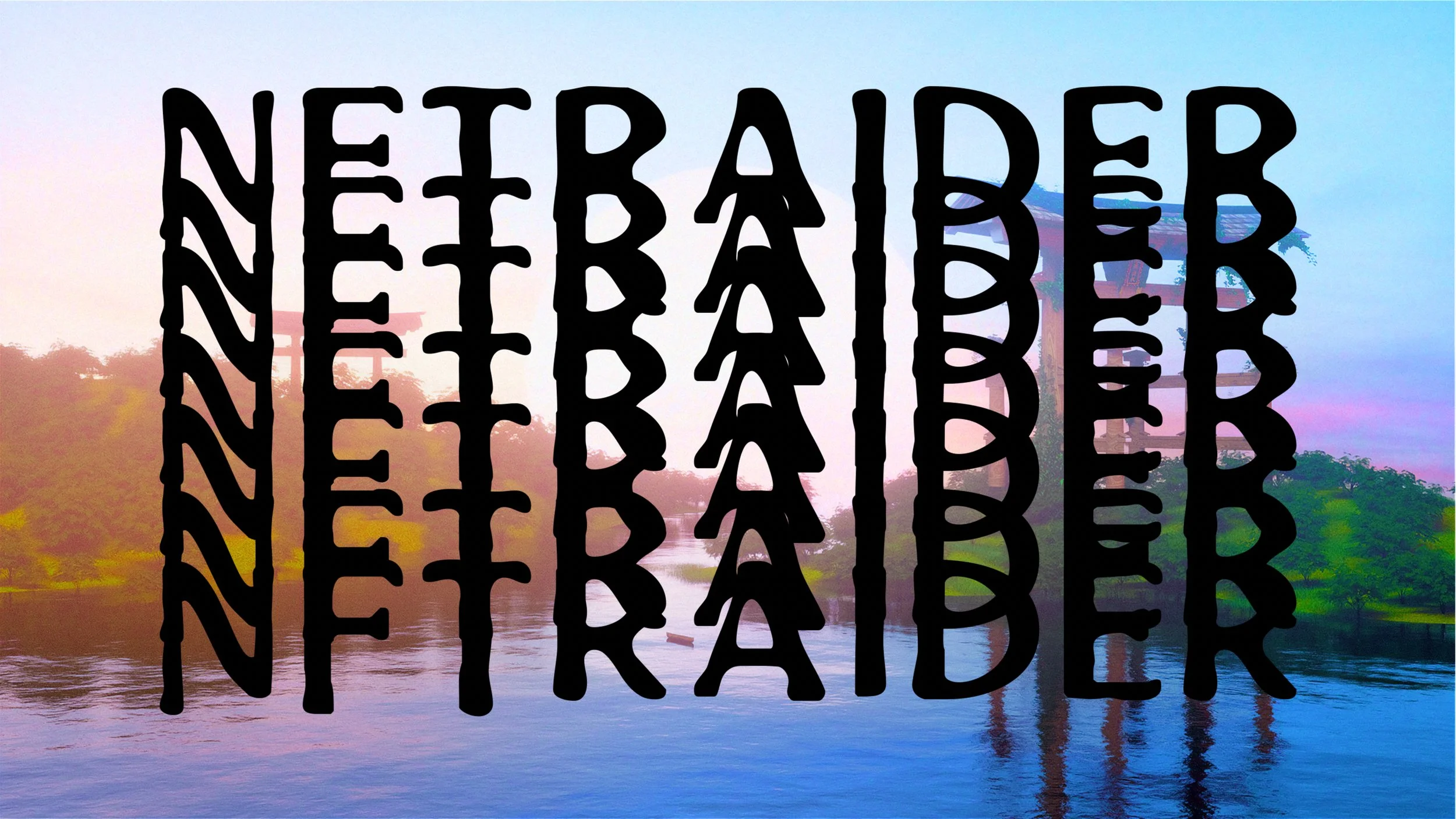 Bold text "NETRAIDER" repeated over a scenic landscape with water and trees.