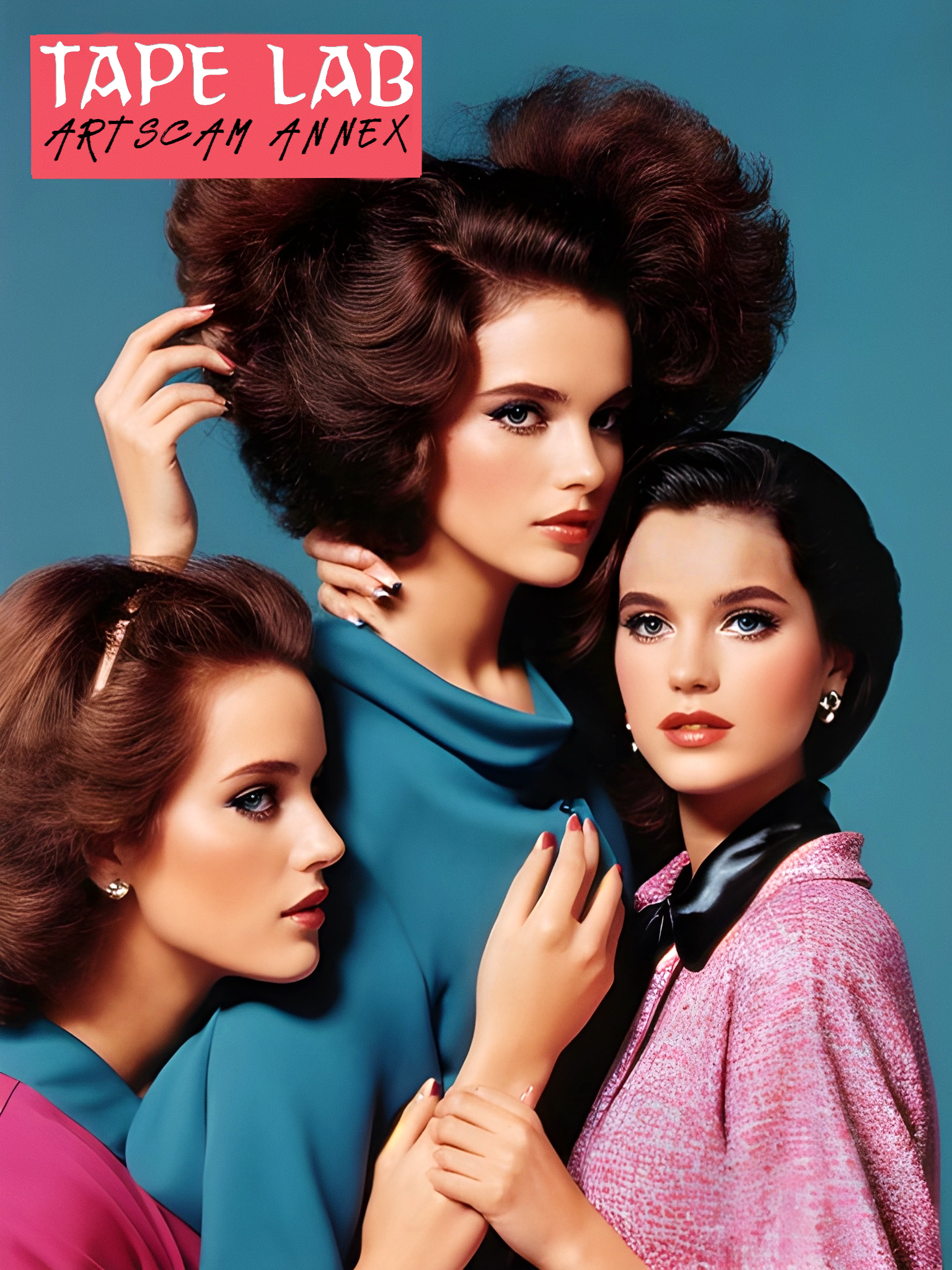 Three fashion models posing, wearing retro 1980s style clothing and hairstyles. Sign above reads 'Tape Lab Artscam Annex.'