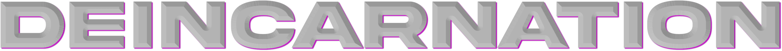 3D text "DEINCARNATION" in gray with a purple shadow on a transparent background.