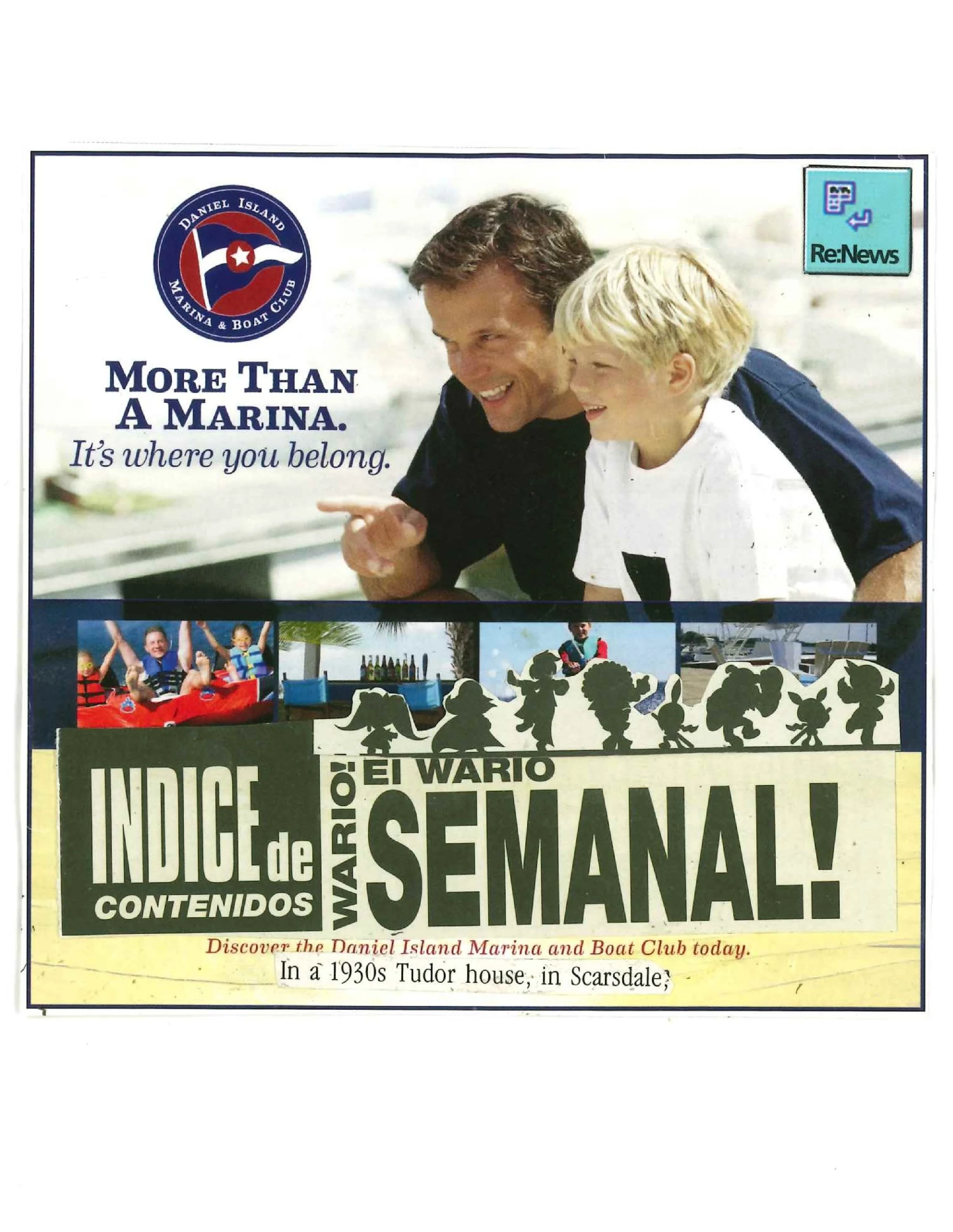 Magazine ad featuring a man and a child smiling, the logo of Daniel Island Marina & Boat Club, and the text 'More Than A Marina. It’s where you belong.' Below, Spanish words 'INDICE de CONTENIDOS' and 'EL WARIO SEMANAL!' are visible.