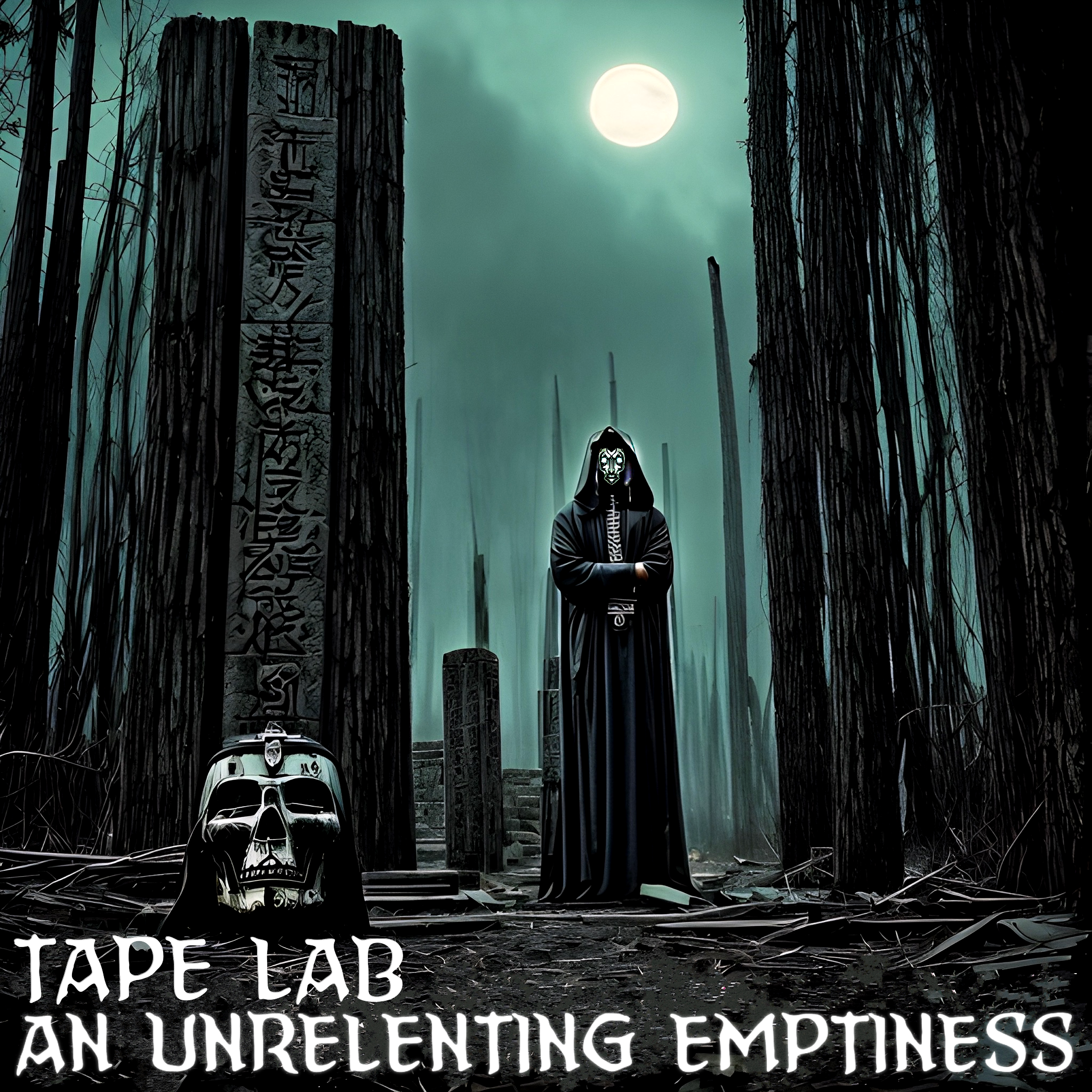 A mysterious figure in a dark hooded robe stands in a forest with tall trees and stone pillars inscribed with symbols. The moon is visible in a foggy sky. "Tape Lab: An Unrelenting Emptiness" is written at the bottom.