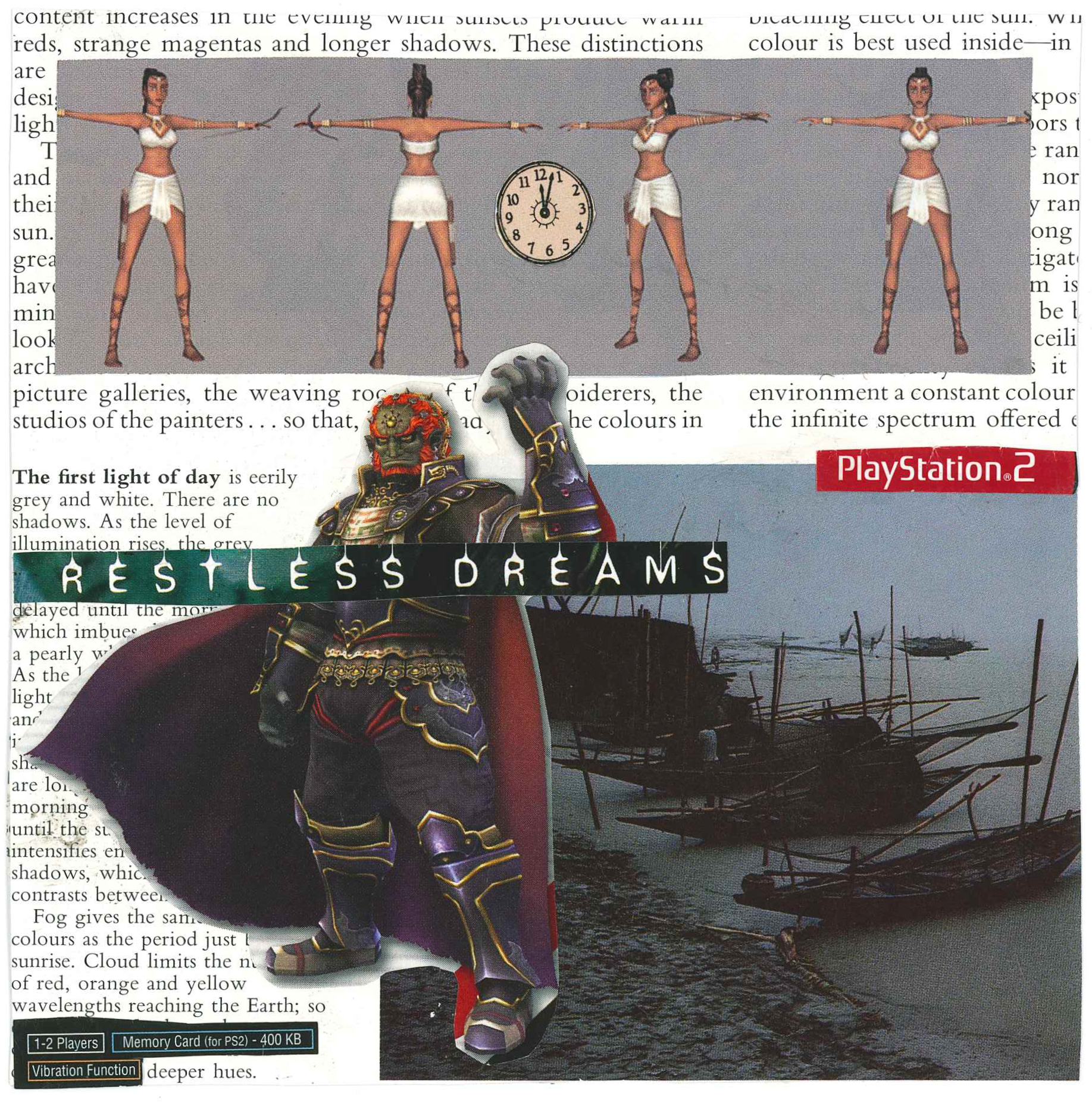 Collage of character models, text, and a PlayStation 2 game reference with artwork of a cape-wearing figure and boats.