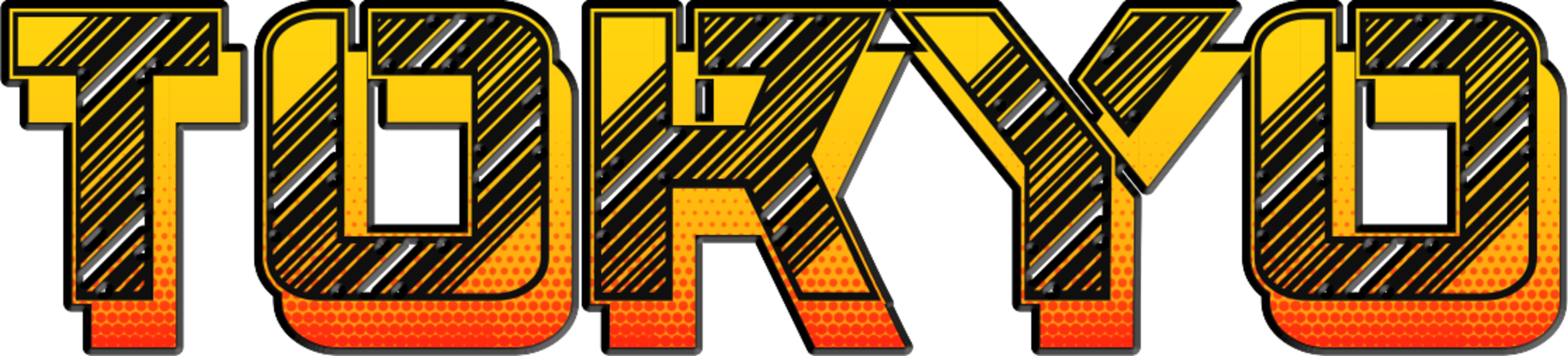 Text "TOKYO" in stylized, gradient-filled letters with stripes and dots.