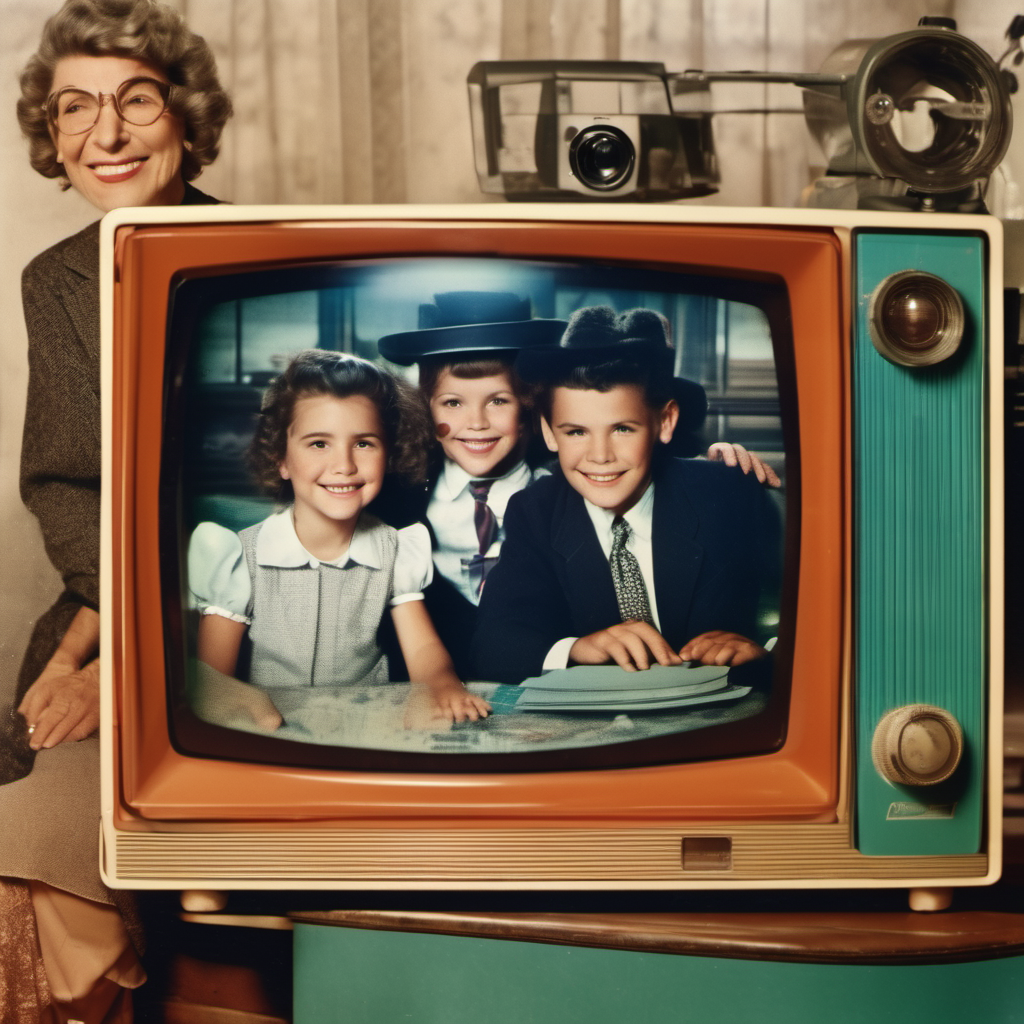 Vintage photo of an elderly woman beside a retro television set displaying three smiling children in formal attire, one wearing a hat.