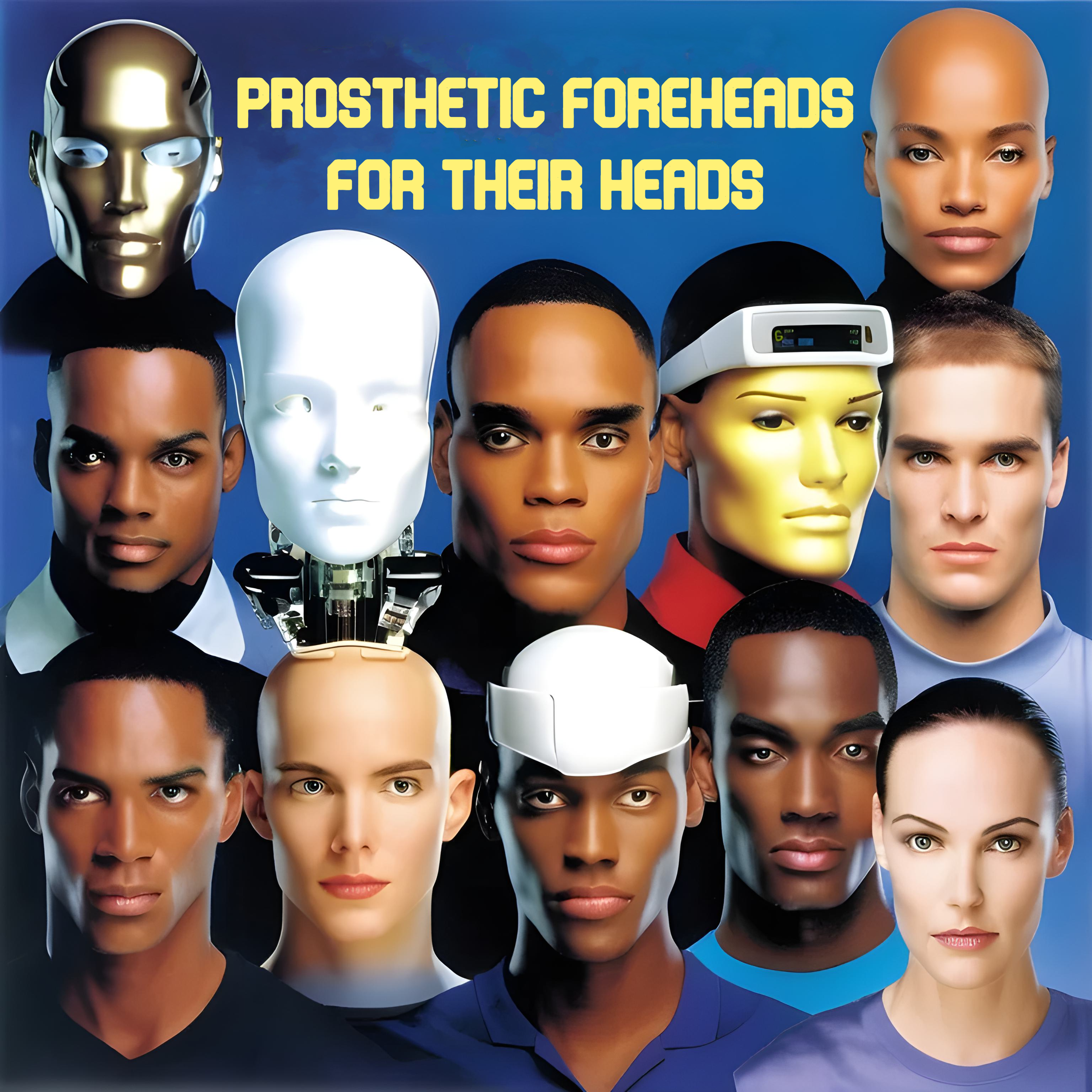 Collage of humanoid faces with prosthetic foreheads in various styles and colors against a blue background, featuring the text 'PROSTHETIC FOREHEADS FOR THEIR HEADS' at the top.