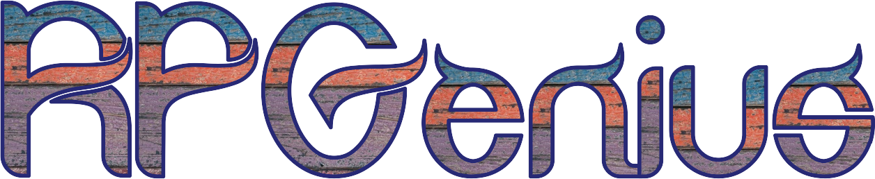 Stylized text "RPGenius" with colorful striped pattern and artistic font.