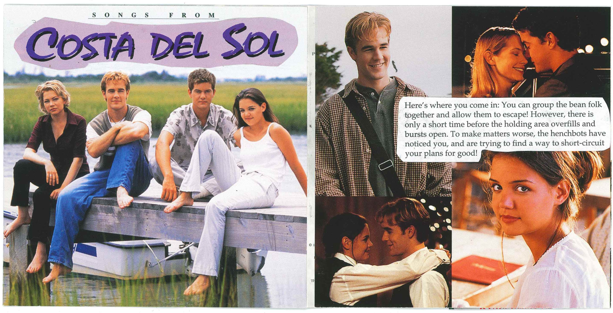 Cover featuring four young people sitting on a wooden dock, with the title 'Songs from Costa del Sol' above them. Additional images show individuals interacting closely, smiling, with overlapping text describing an escape scenario involving henchbots