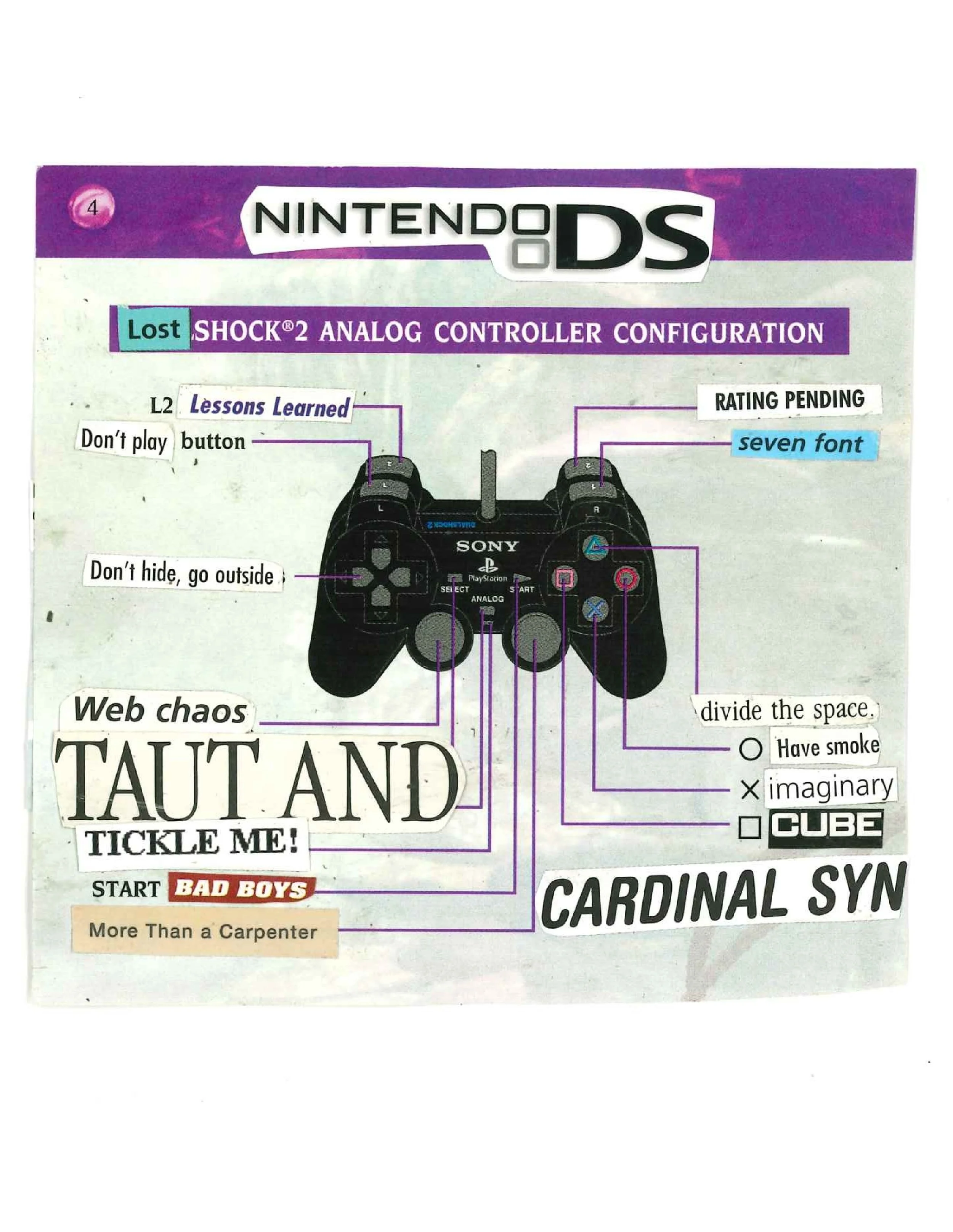 Collage-style art featuring the Nintendo DS logo, a PlayStation analog controller image labeled with various random and humorous text, such as "TAUT AND TICKLE ME!" and "More Than a Carpenter." The image has a mix of graphics and text, inspired by vi