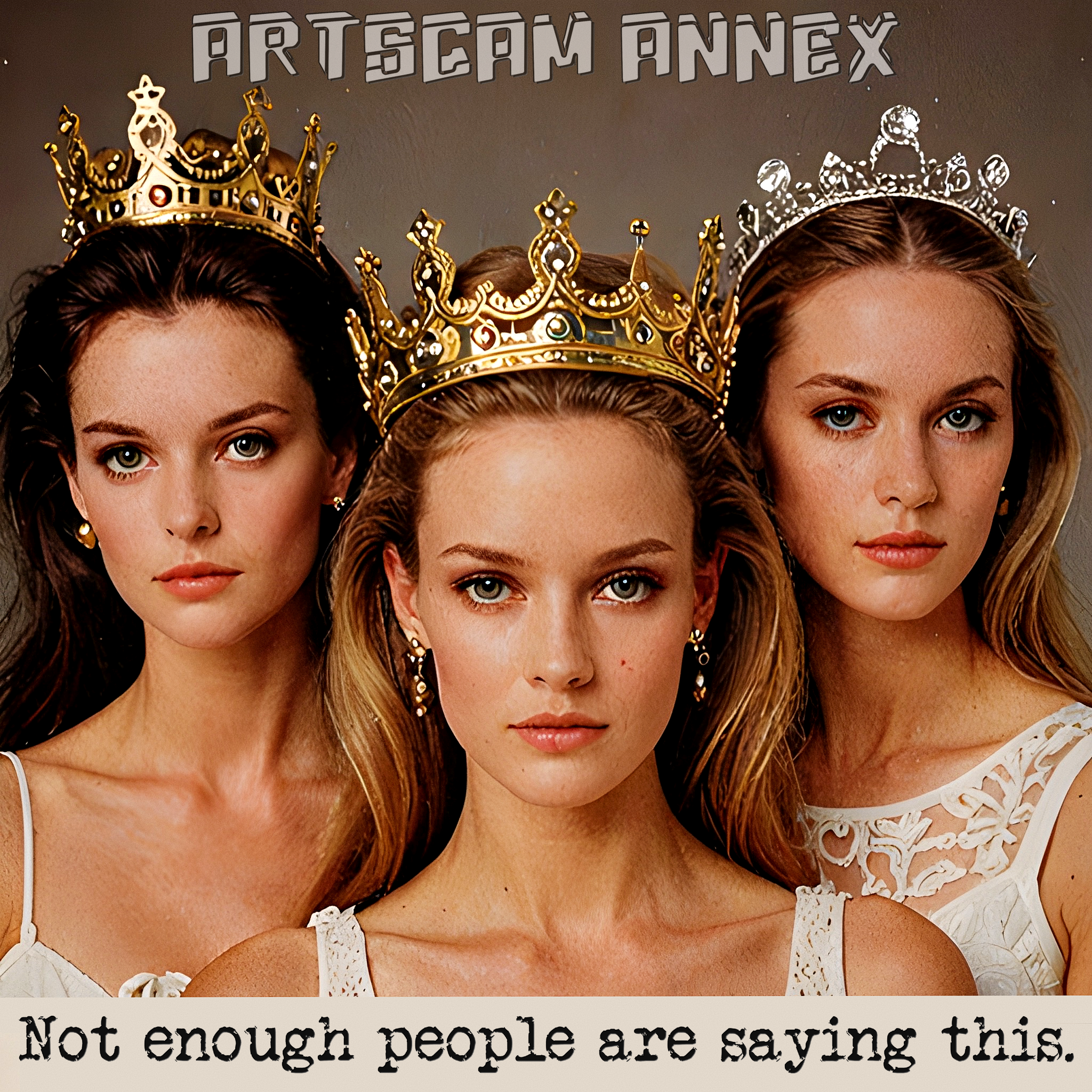 Three women wearing elaborate crowns and elegant white dresses, with the text 'Art Scam Annex' and 'Not enough people are saying this.'