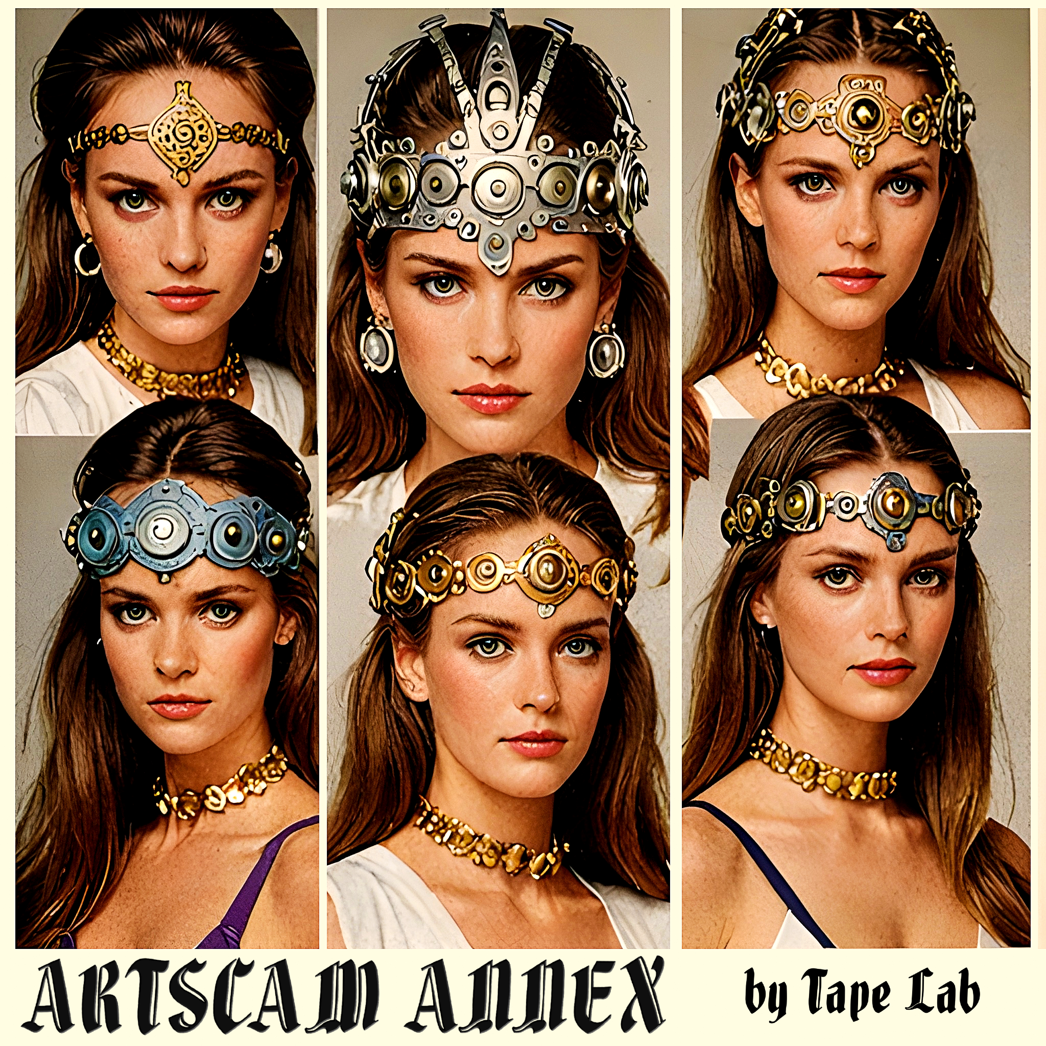 Collage of six women wearing different metallic crown designs with intricate patterns, gold and silver elements, and accompanying accessories. Includes "Artscam Annex by Tape Lab" text.