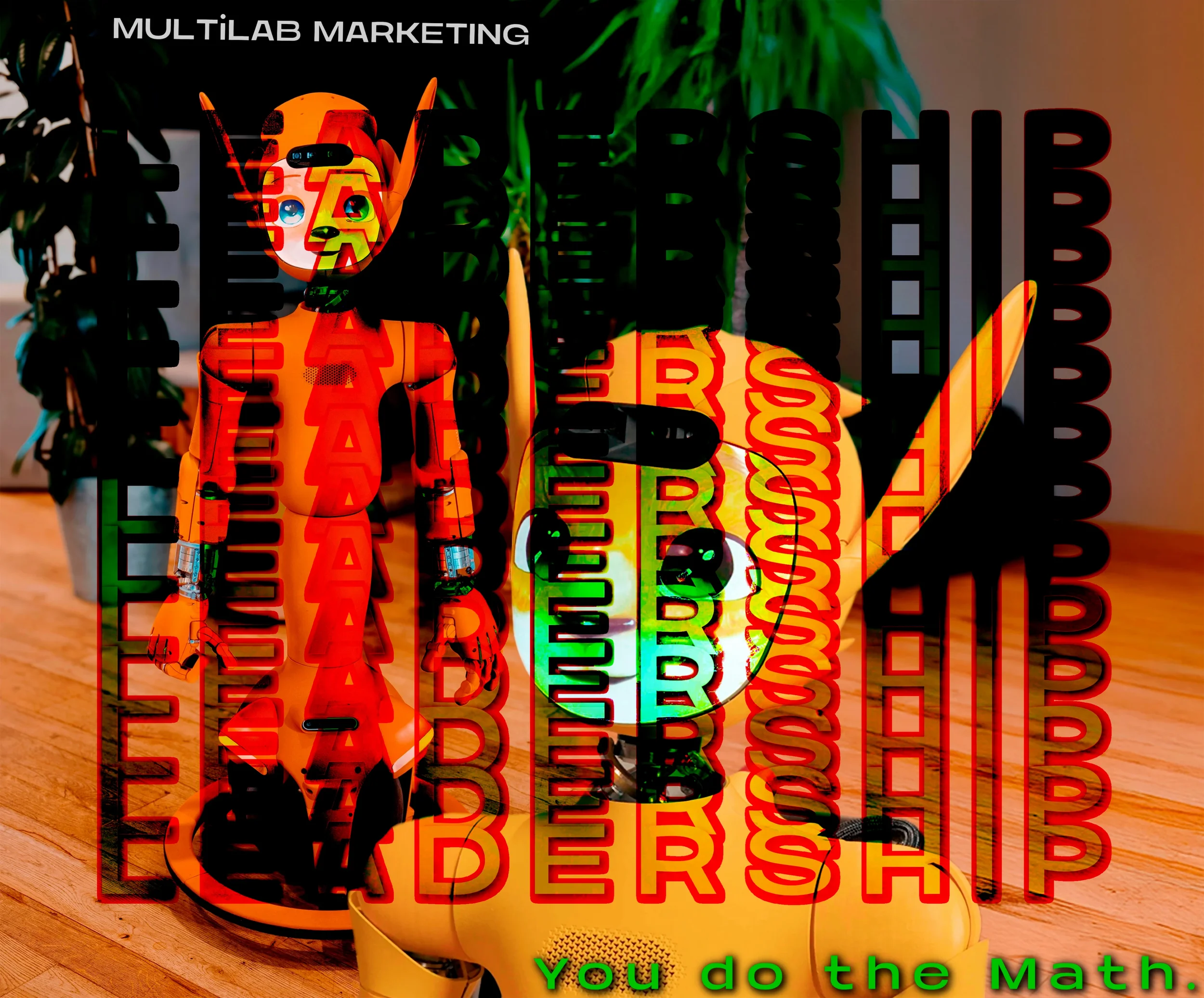 A robot and a robot dog, both bright orange, are positioned on a wooden floor in front of green plants. Overlaid on the image are numerous repeated words 'SUB' and 'EASY' in red and black, respectively. In the top left corner, it says 'MULTILAB MARKETING'. At the bottom, there is green text that reads 'You do the Math.'