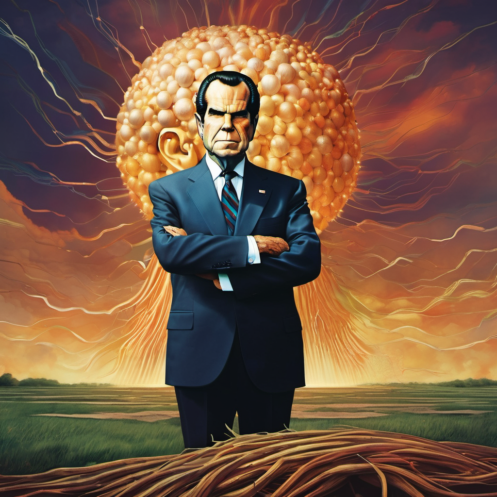 Surreal painting of Richard Nixon in a suit with arms crossed, standing in front of a field with a glowing, spherical object resembling a brain. The background features an orange sky with swirling lines.