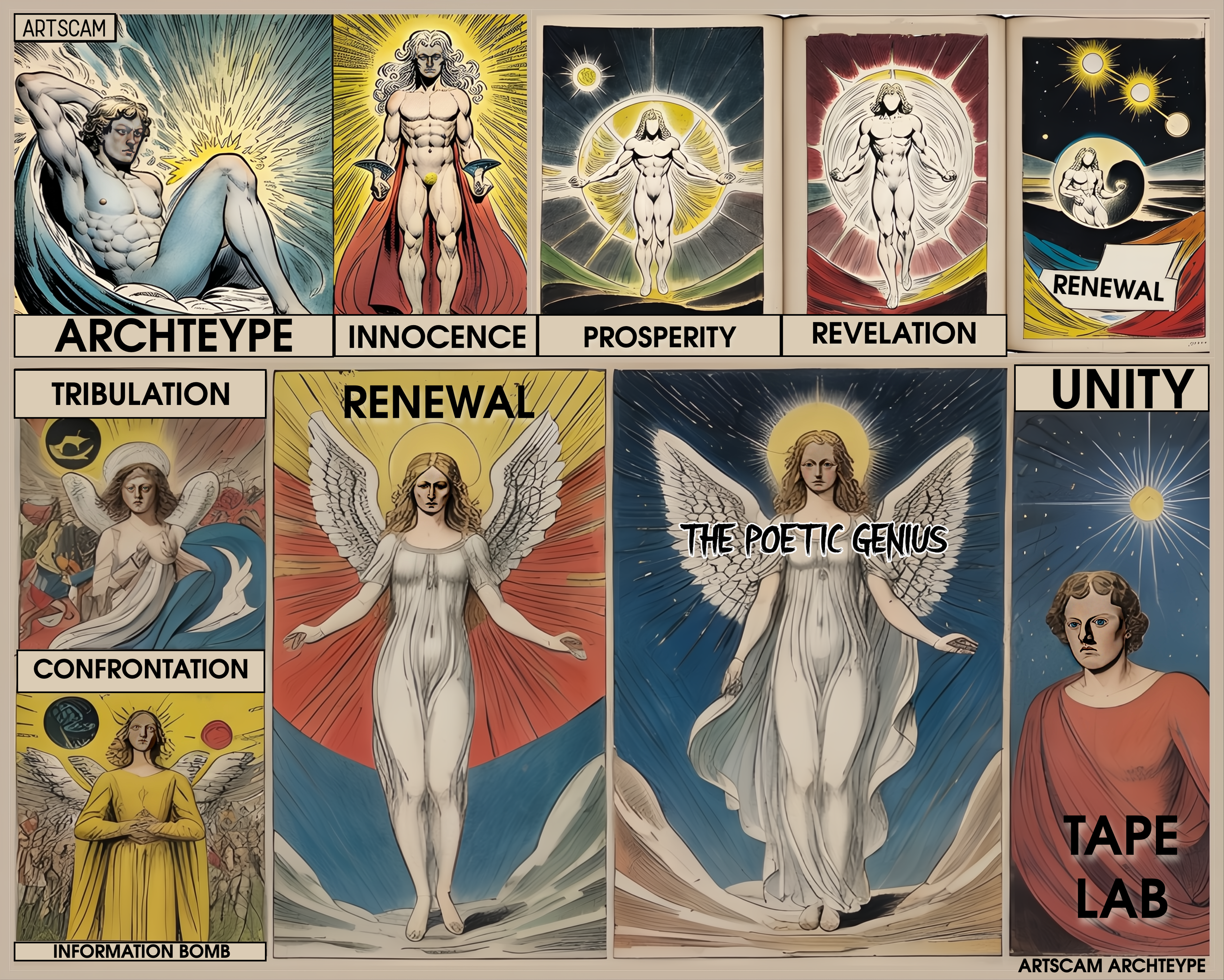 A collage of illustrated panels depicting mythological and angelic figures with text labels such as 'Archetype,' 'Innocence,' 'Prosperity,' 'Revelation,' 'Renewal,' 'Tribulation,' 'Confrontation,' 'Unity,' and 'The Poetic Genius.' Each panel features