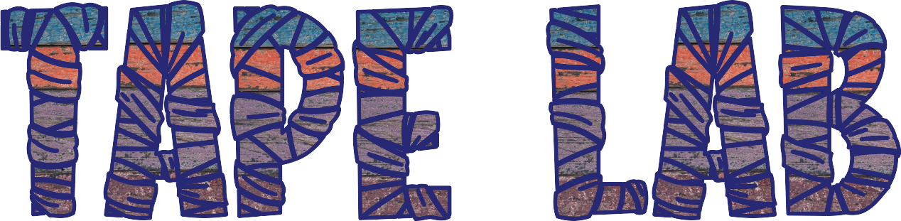 "TAPE LAB" written in colorful, patterned letters with a bold outline.