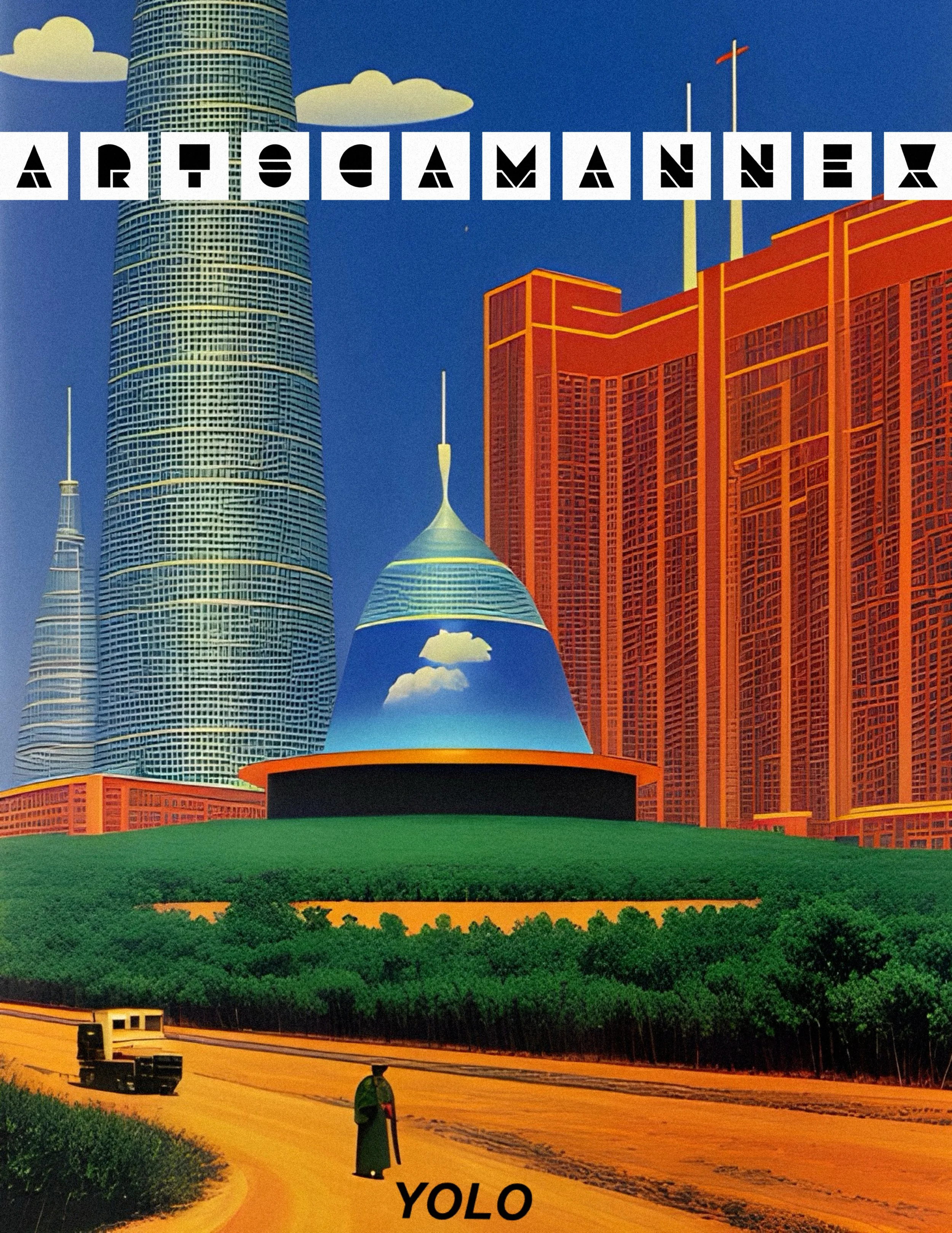Futuristic cityscape with tall skyscrapers and a dome featuring a sky design, bordered by green fields and a road with a vehicle and person labeled 'YOLO.'