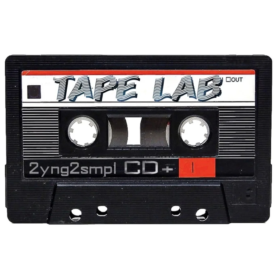 Close-up of a vintage cassette tape labeled 'TAPE LAB' with '2yng2smpl CD+' on the front.