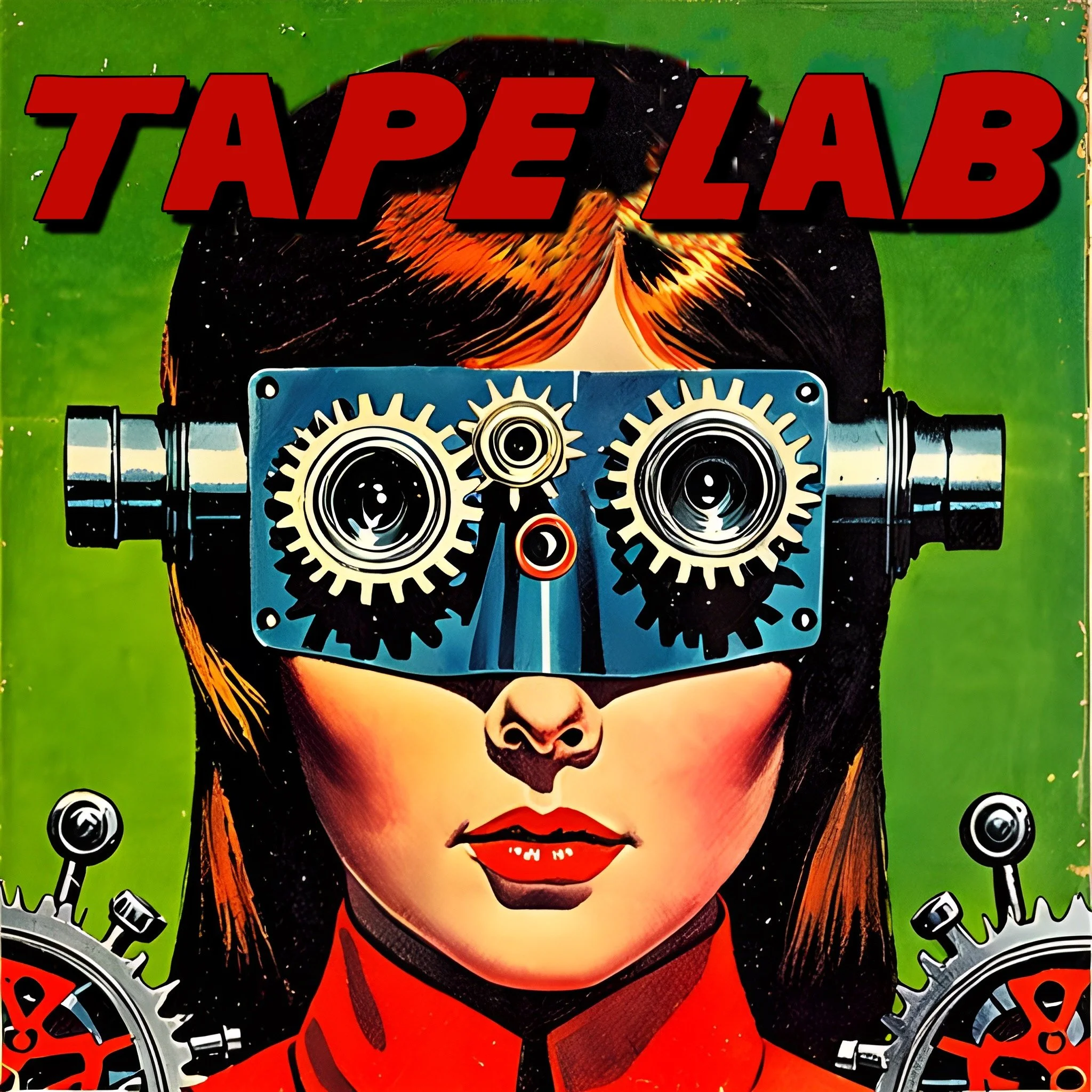 Illustration of a stylized woman with gear goggles on a vibrant green background, labeled "TAPE LAB."