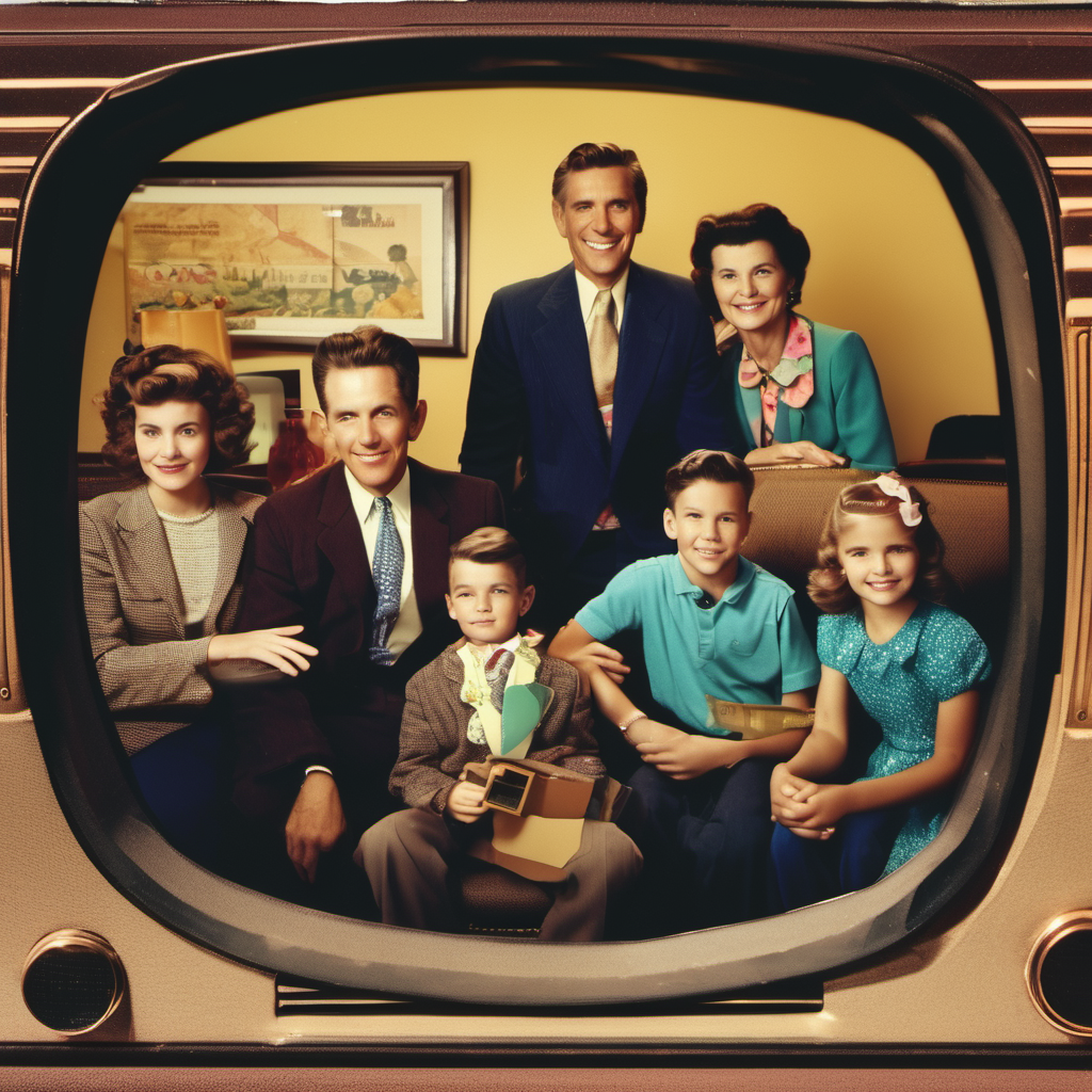 Vintage family portrait displayed on a retro television screen, showing three adults and four children, all dressed in mid-20th-century attire, with a framed painting in the background.