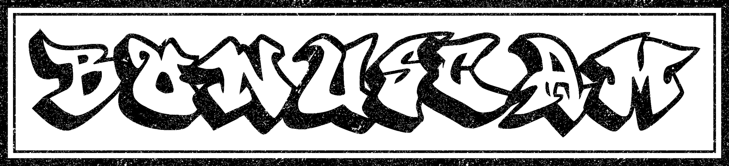 Intricate calligraphy set in a rectangle, featuring artistic, abstract script on a textured background.