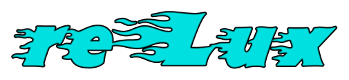 The word "reLux" in turquoise with a flame design against a black background.