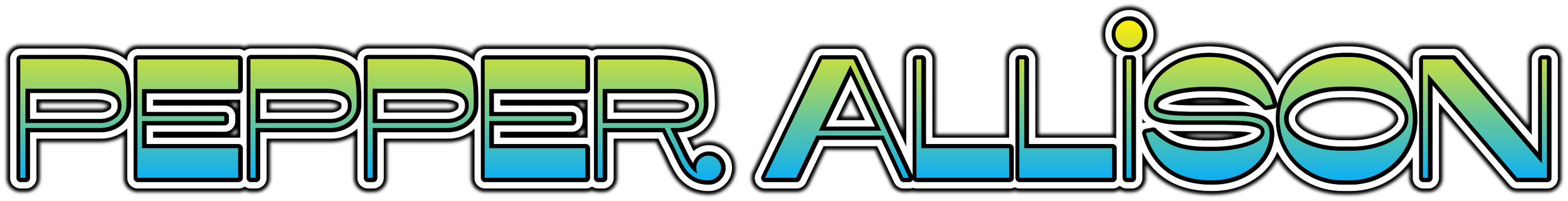 Stylized text spelling "Pepper Allison" with a gradient of green to blue and a modern font on a black background.