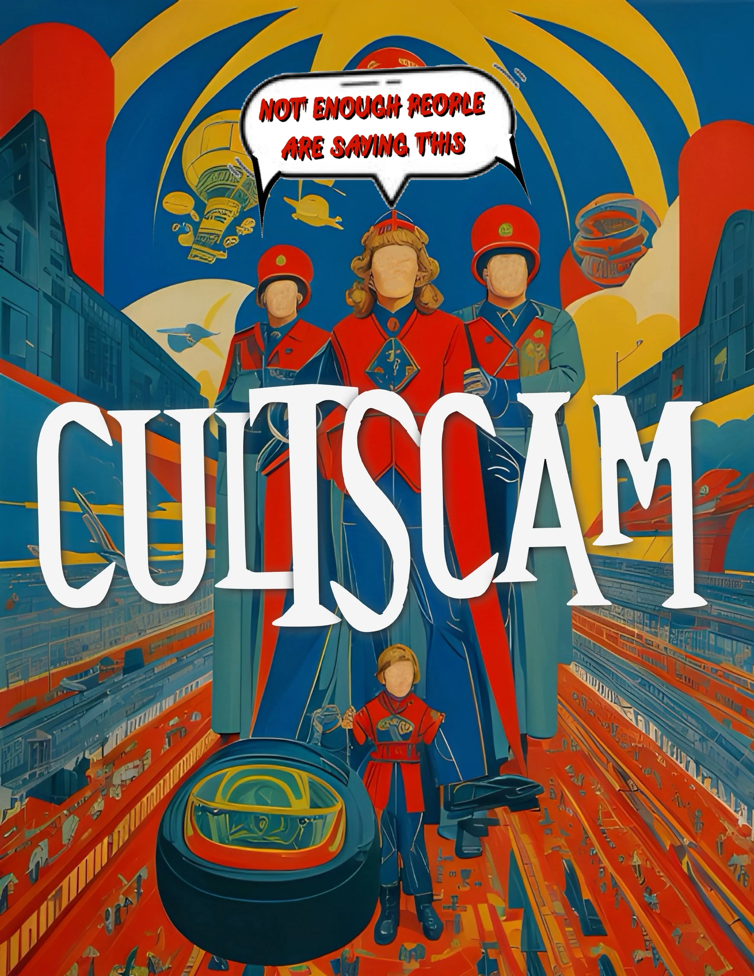 Illustrated, faceless figures in red uniforms, futuristic cityscape, with the text "CULTSCAM" prominently displayed, and "Not enough people are saying this" in a speech bubble.