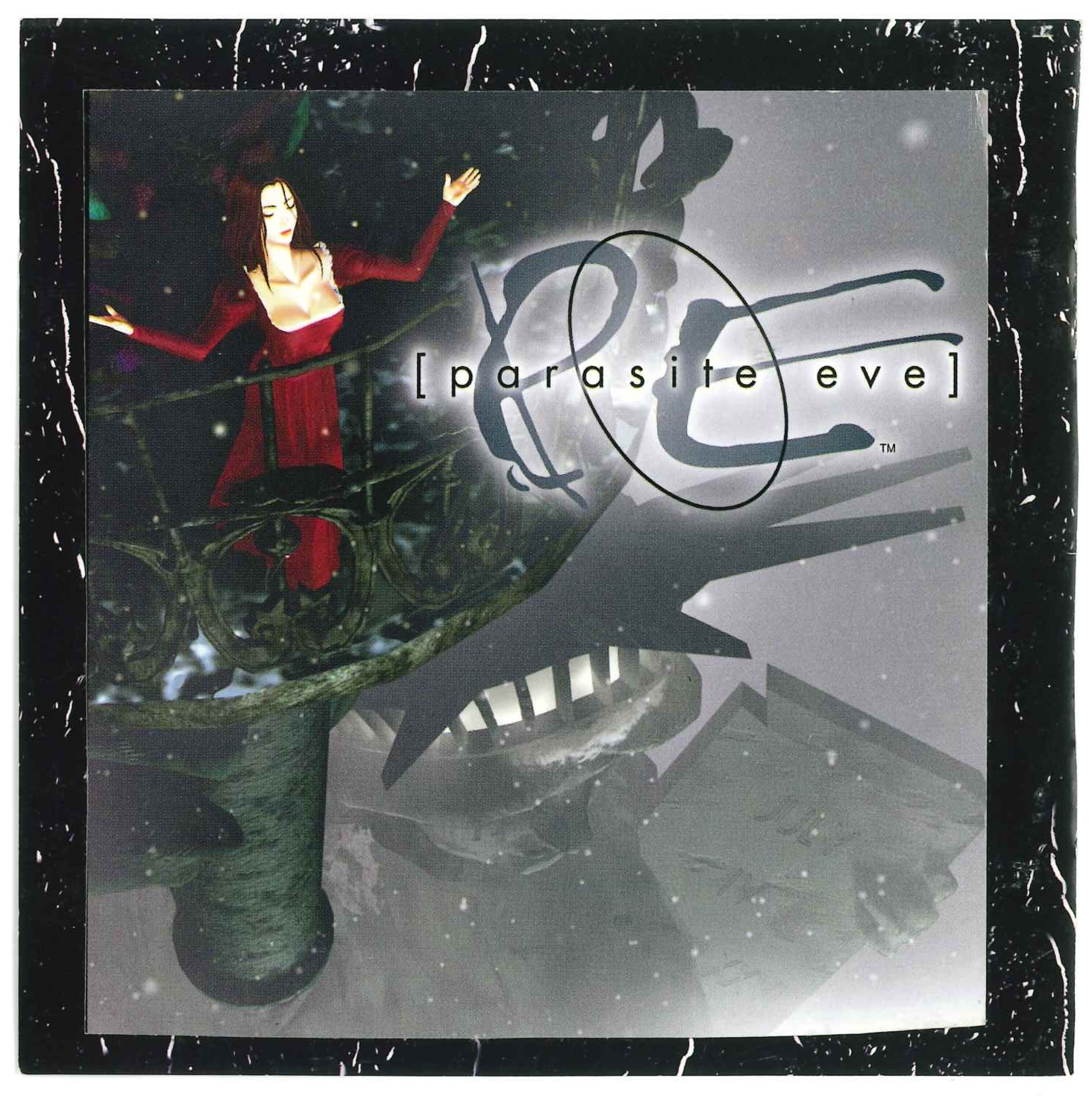 Cover art for "Parasite Eve" featuring a woman in a red dress standing with arms outstretched, and stylized text of the game title over a mysterious, dark background.