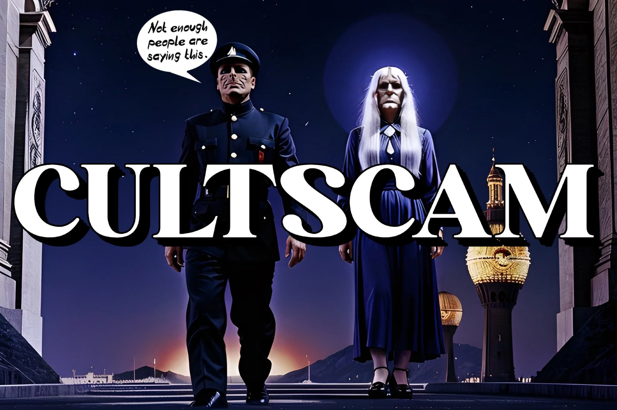 Mysterious figures in uniforms labeled 'CultScam' with speech bubble 'Not enough people are saying this.'