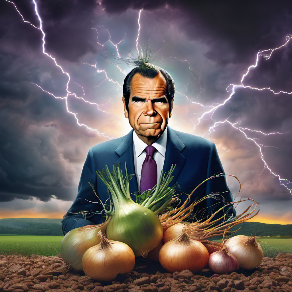Caricature of a man with a suit, paired with onions in the foreground, set against a dramatic sky with lightning.