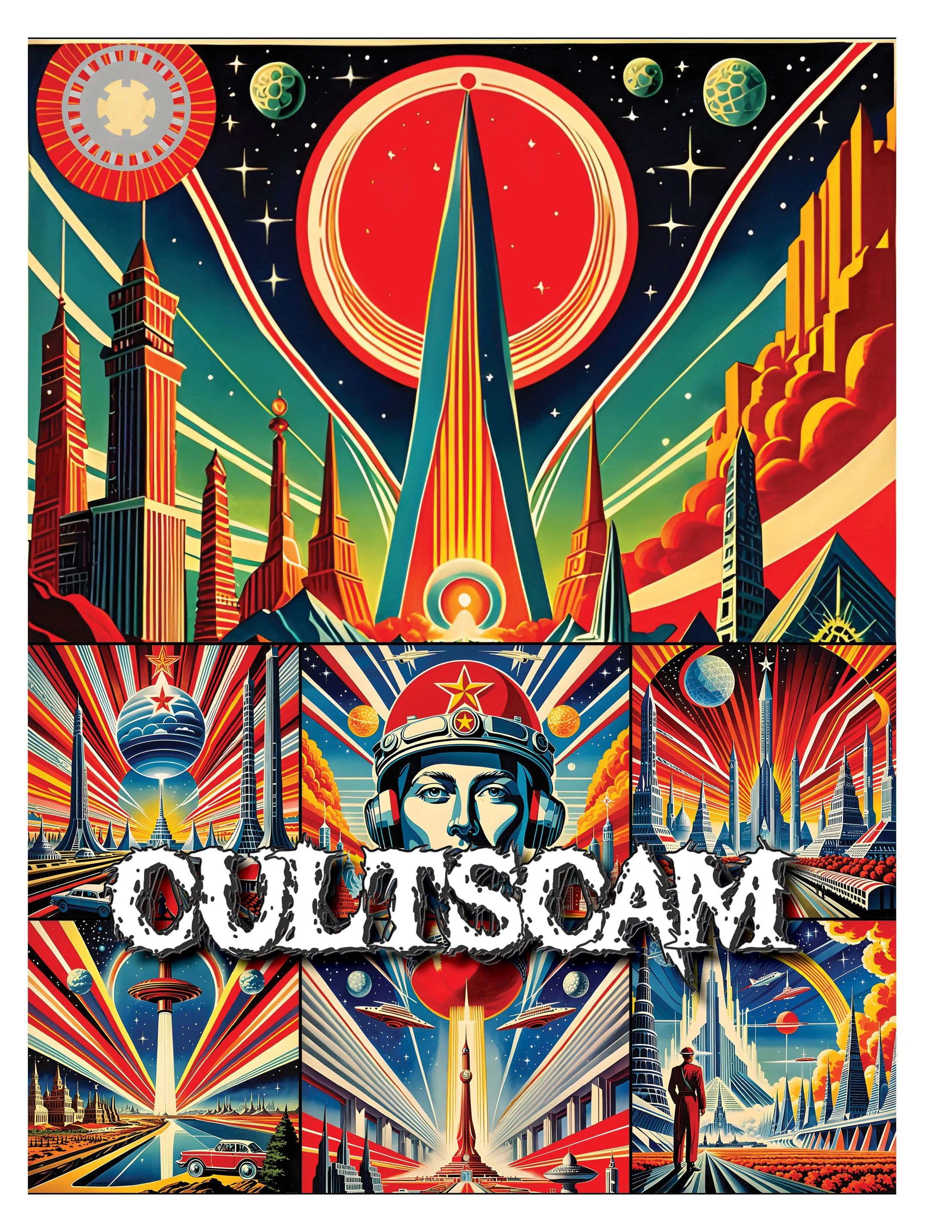 Futuristic art deco poster with space and cityscapes, central figure in helmet, titled "CULTSCAM."