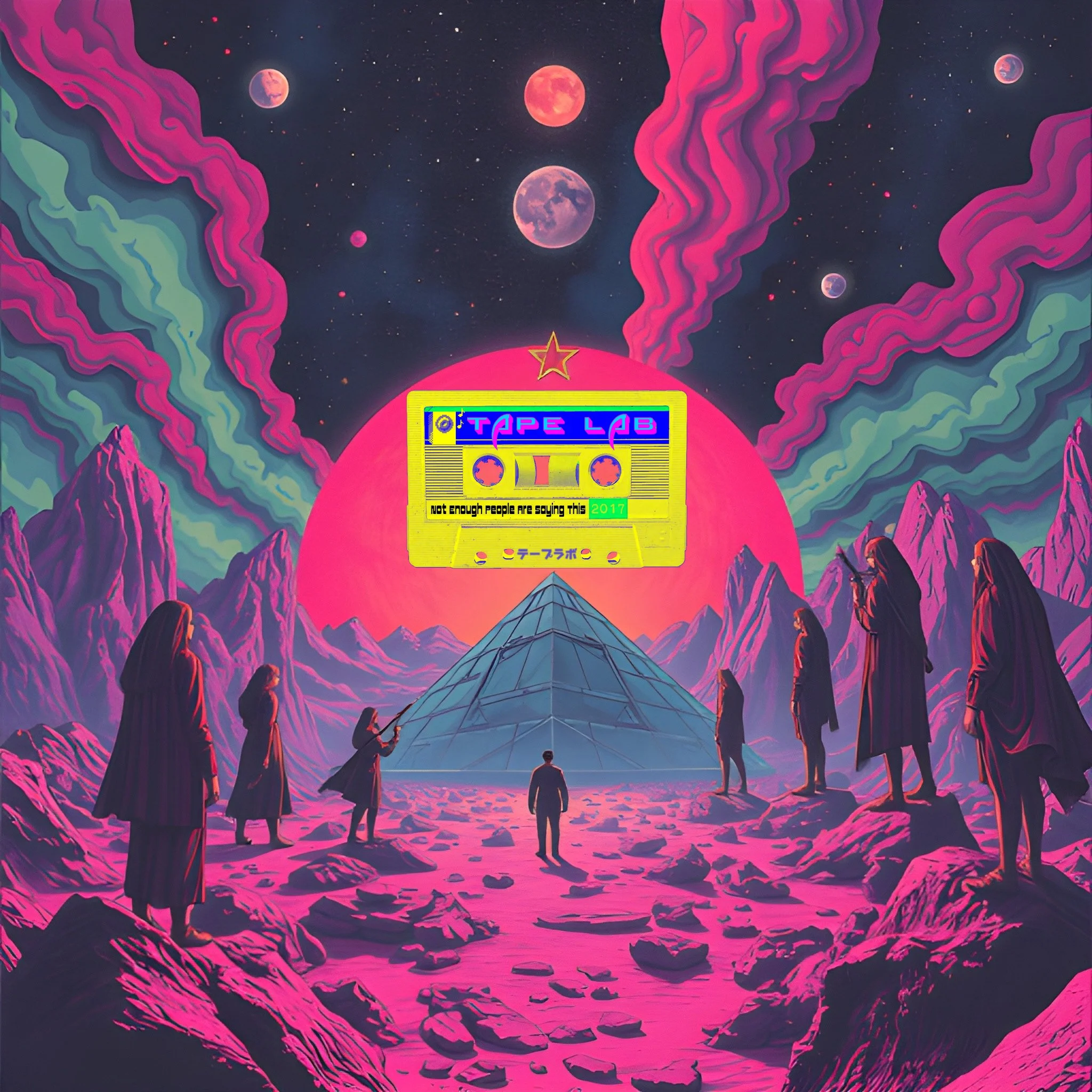 Surreal landscape with a pyramid, figures in robes, colorful sky, and cassette design with "Tape Lab" text.